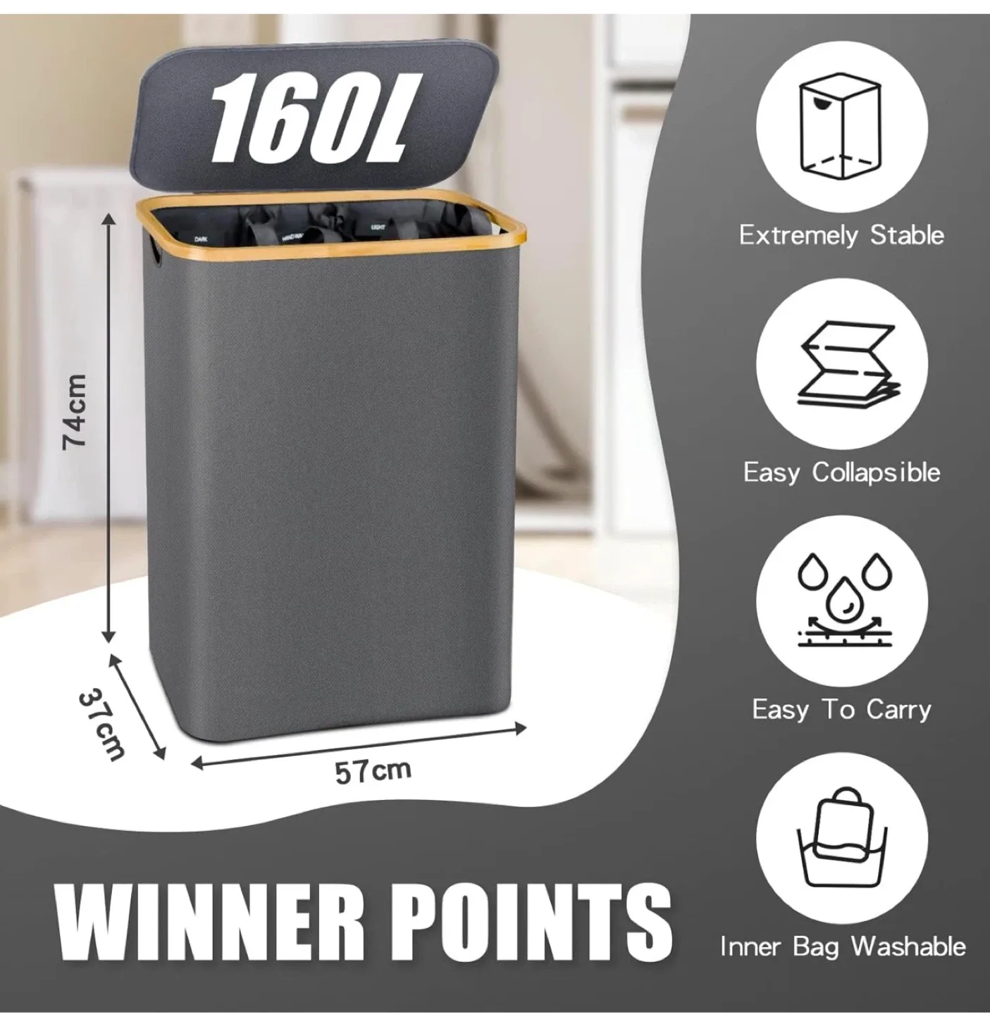 160L Laundry Hamper with Lid & Removable Bags image indicator(2)