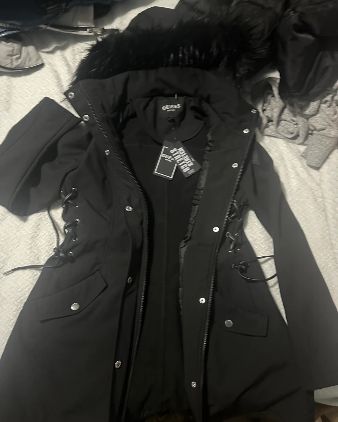 Guess Black Faux Fur Trimmed Coat Size S - photo 2