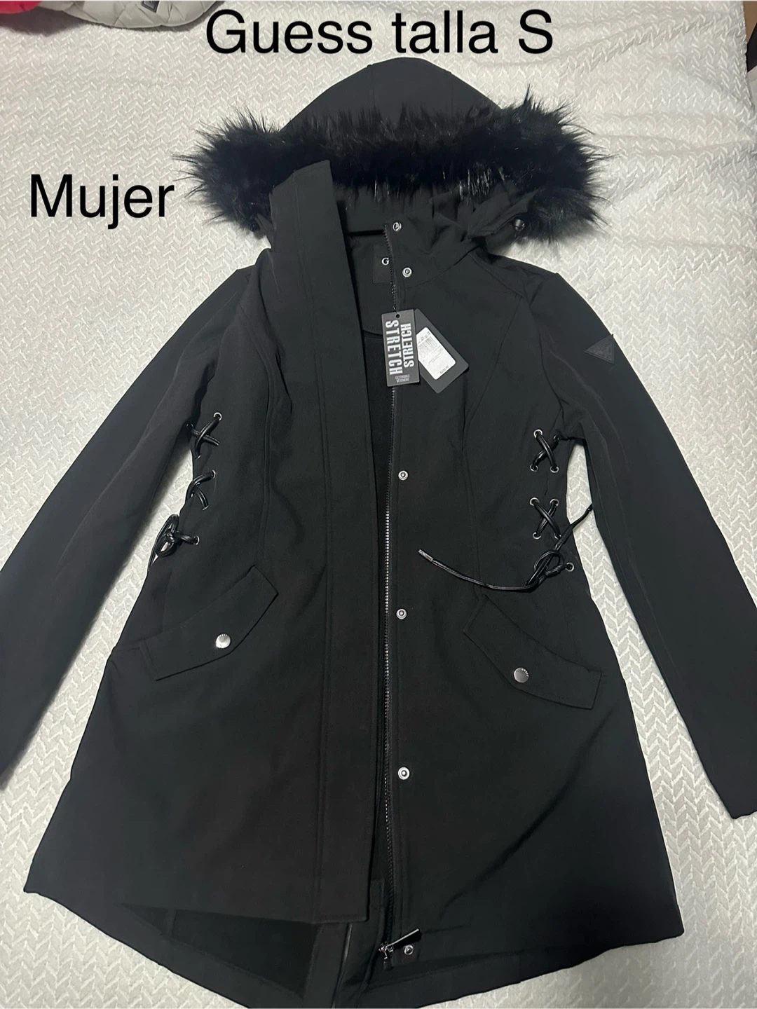 Guess Black Faux Fur Trimmed Coat Size S