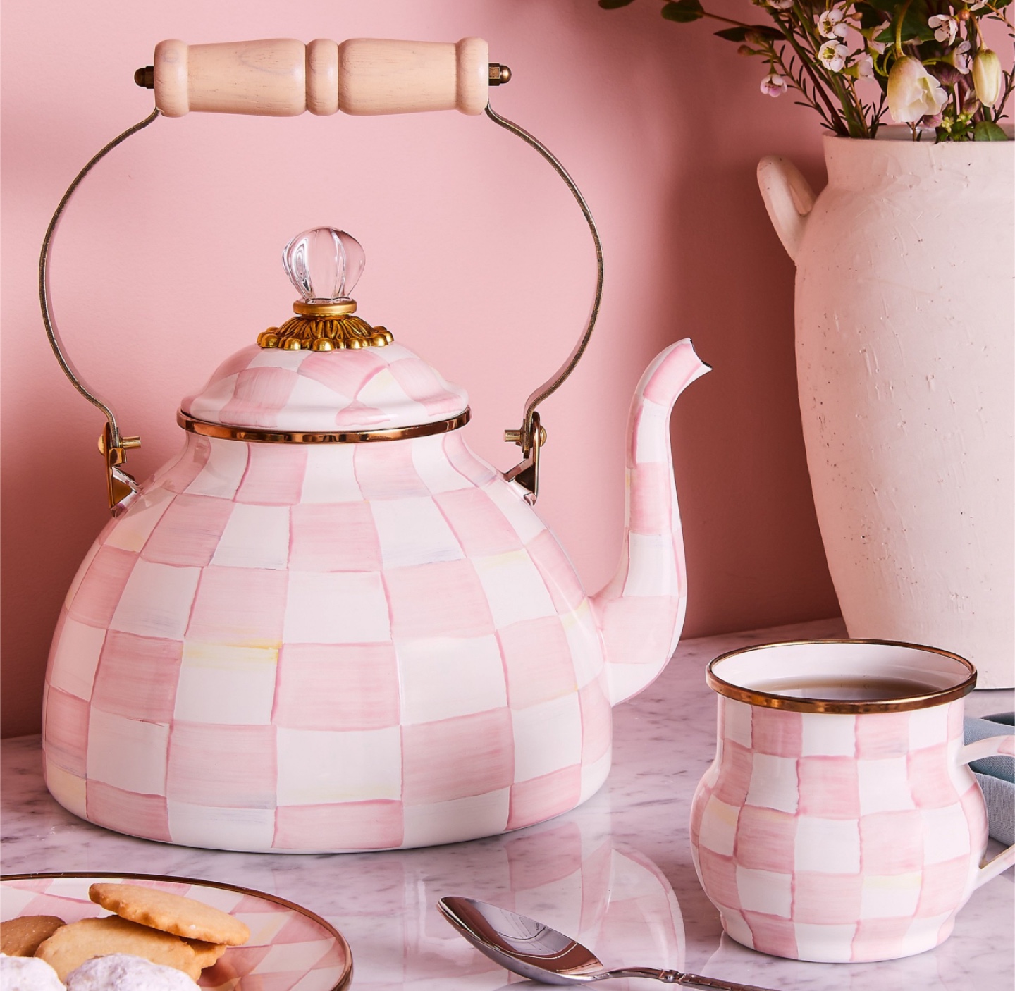MacKenzie-Childs Pink Rosy Check Tea Kettle - photo 2