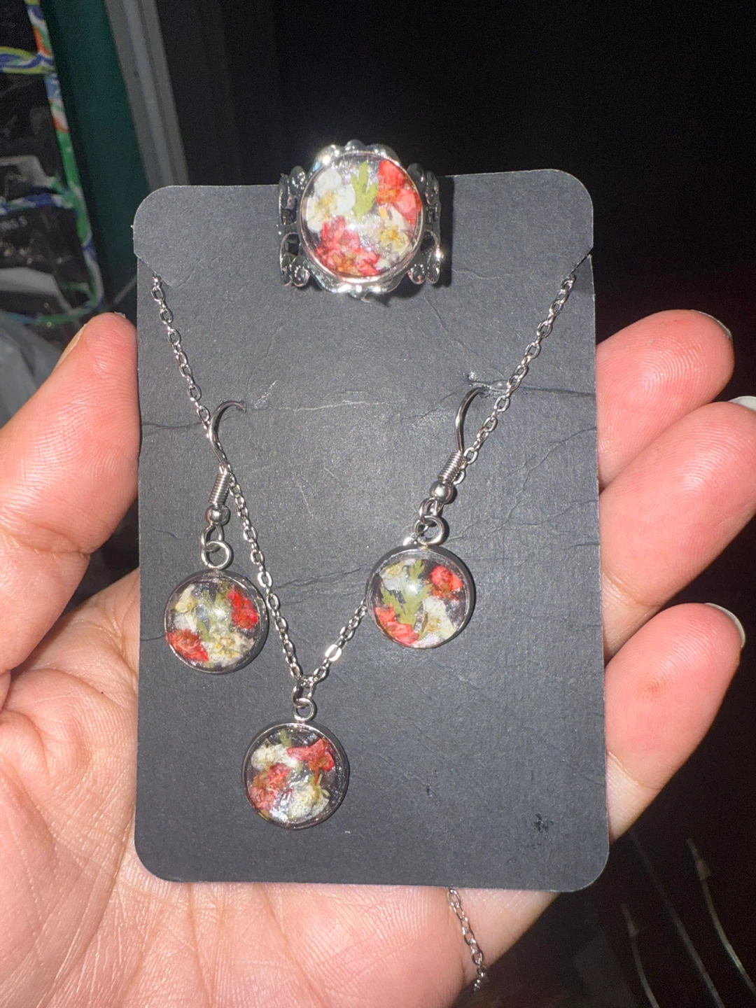 Floral Resin Jewellery Set handmade ring size is free