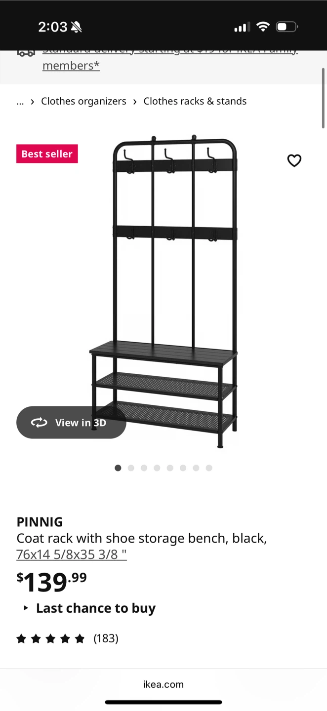 IKEA Pinnig Coat Rack with Shoe Storage Bench - Black - photo 3