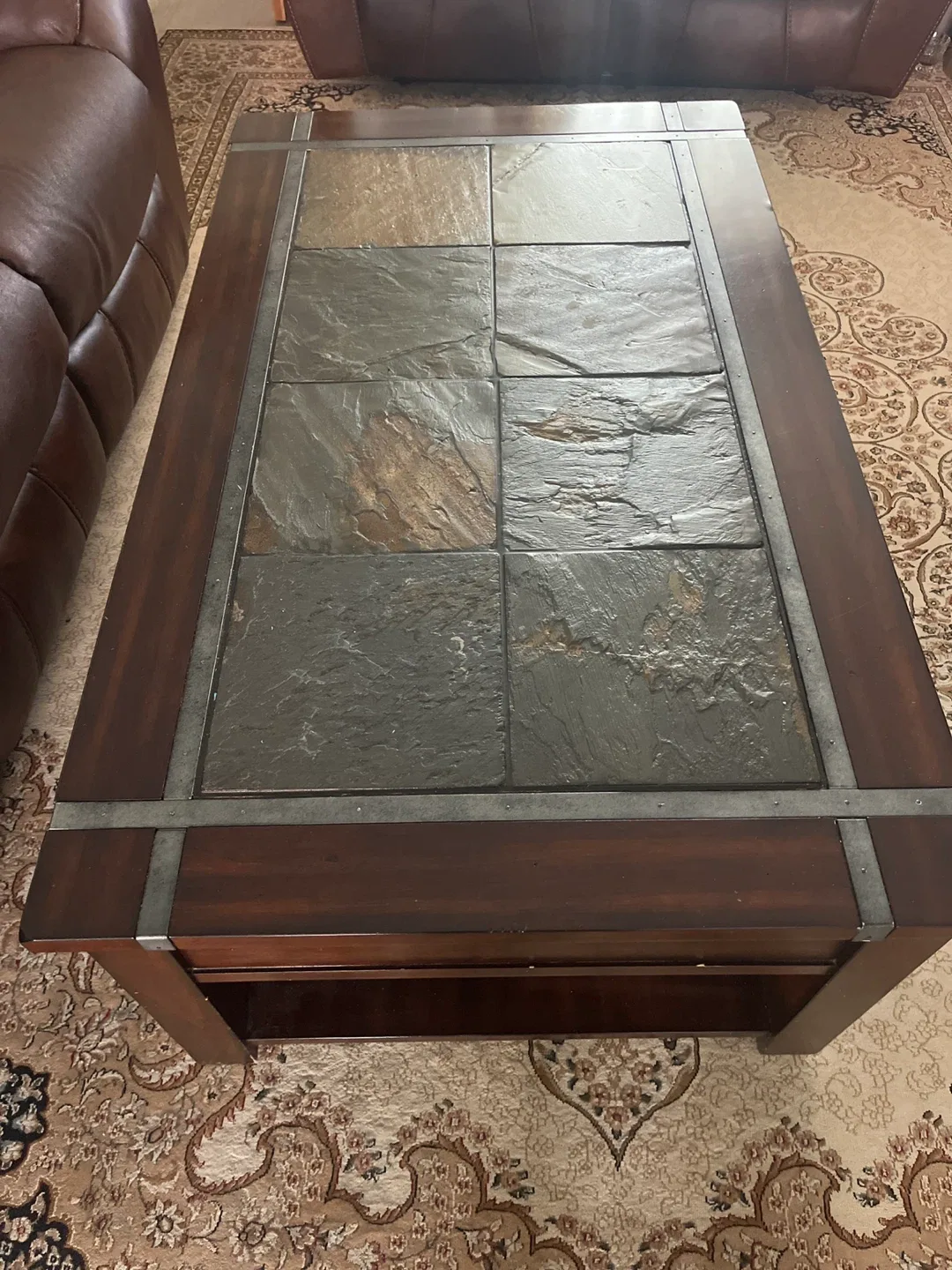 Solid Wood Lift-Top Coffee Table with Slate Tile