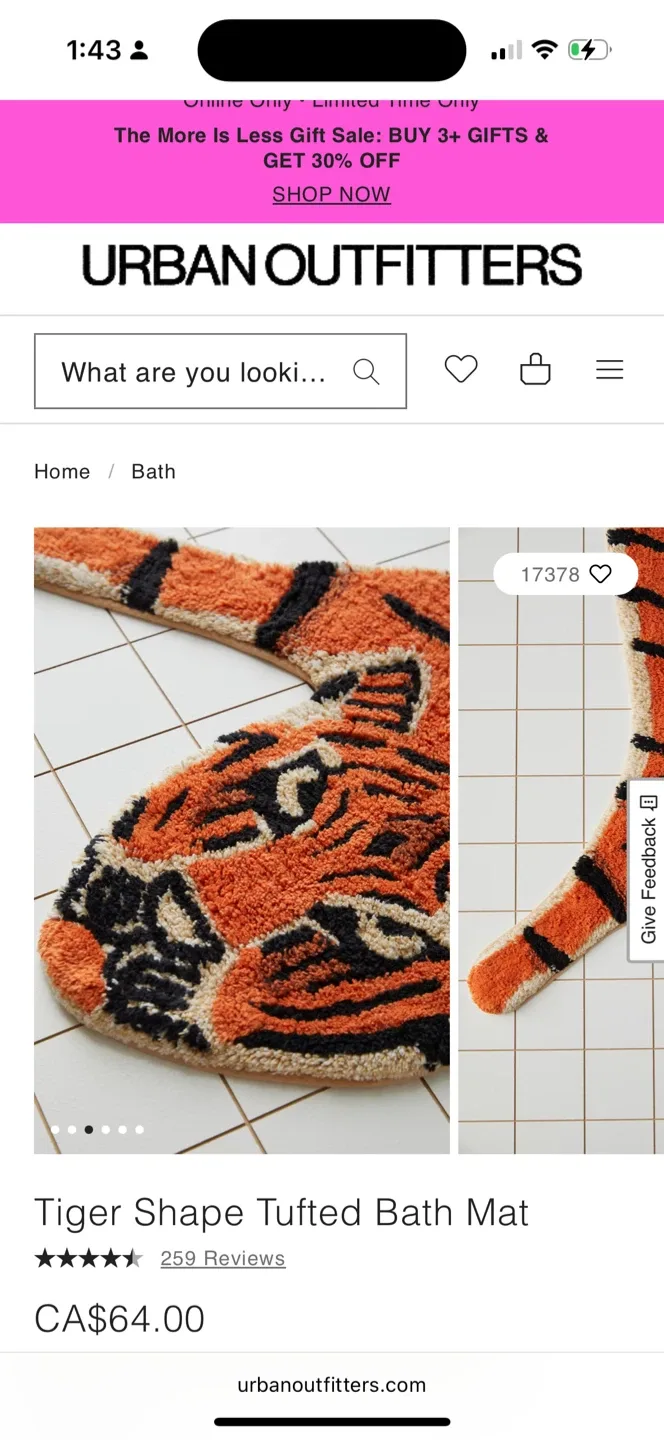 Urban Outfitters Tiger Shape Tufted Bath Mat