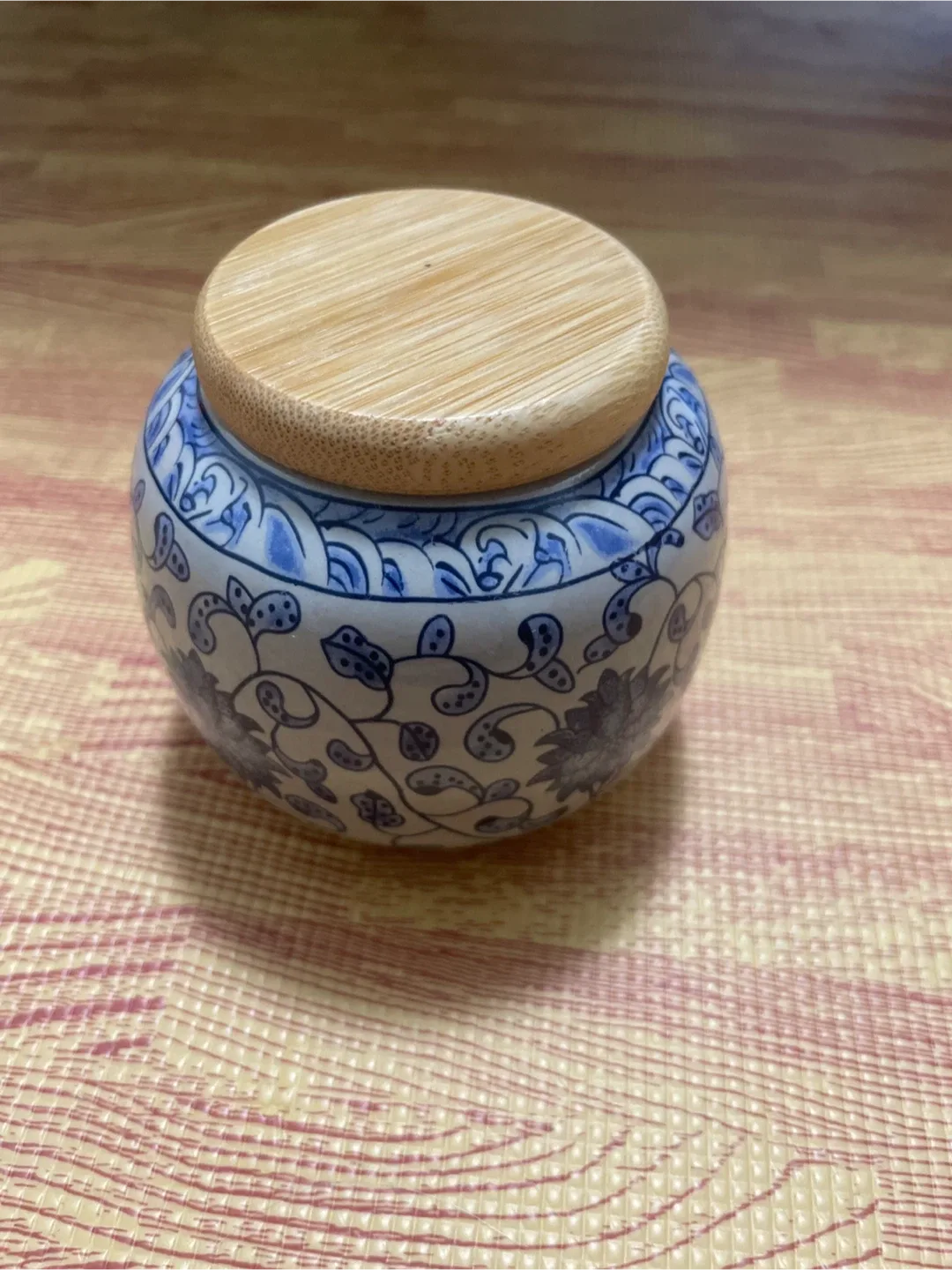 Blue & White smallCeramic Jar with Wooden Lid