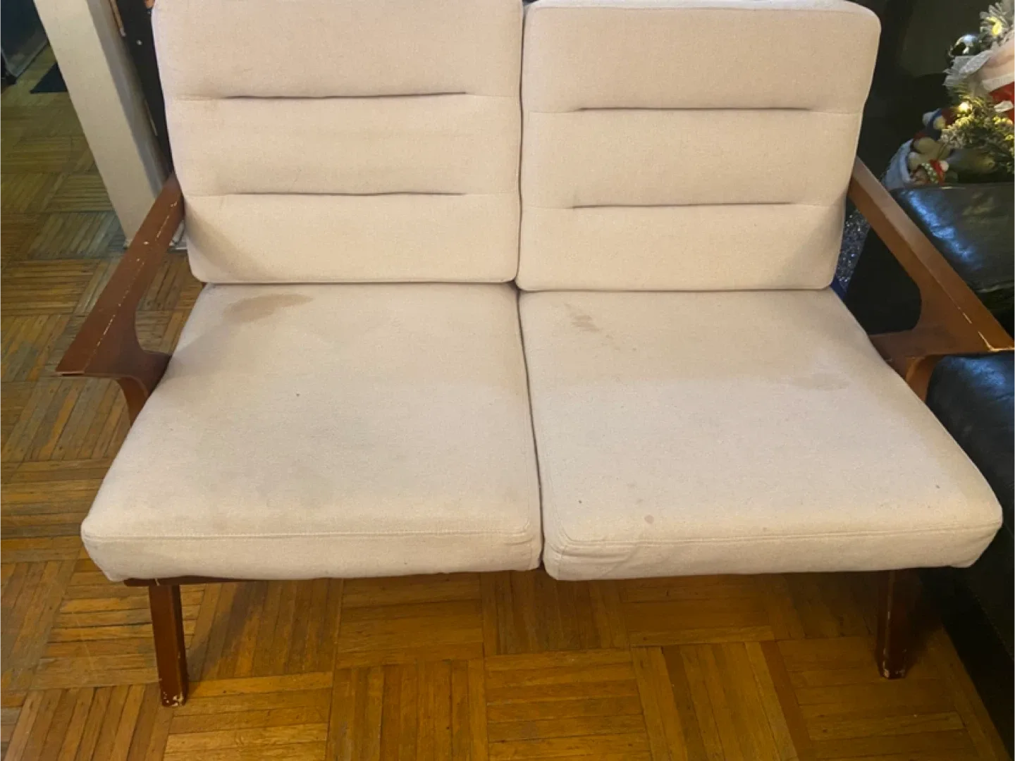 Loveseat Sofa - Beige with Wooden Frame