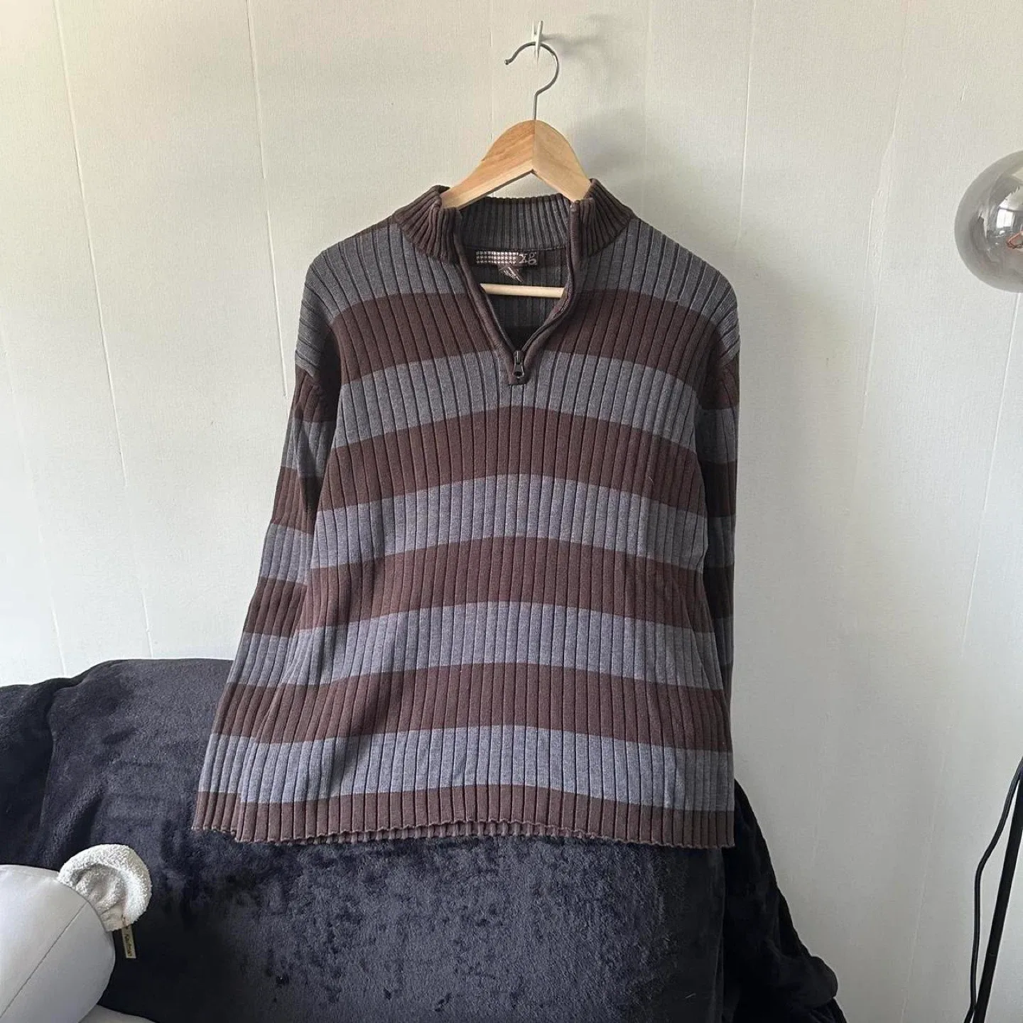Brown and grey striped quarter zip sweater