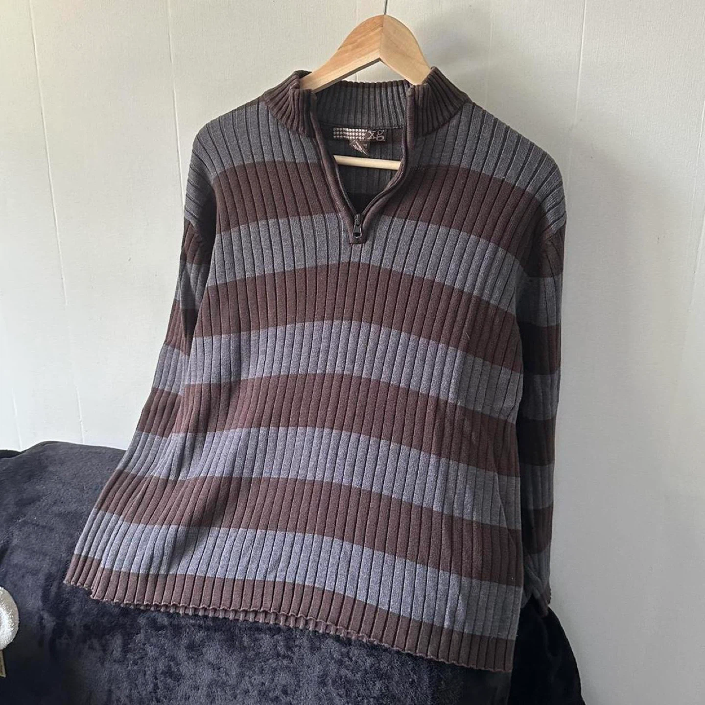 Brown and grey striped quarter zip sweater - photo 2