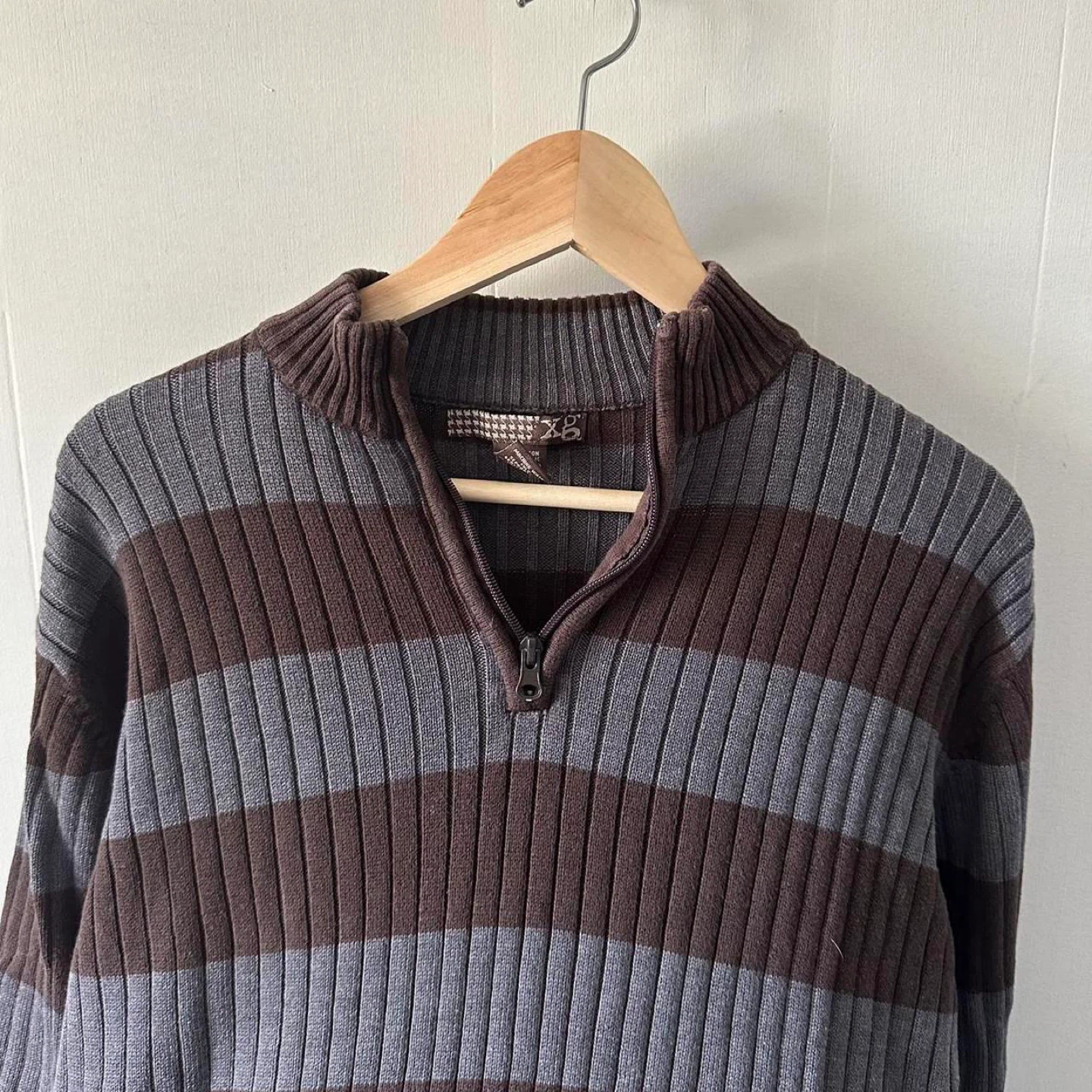 Brown and grey striped quarter zip sweater - photo 3