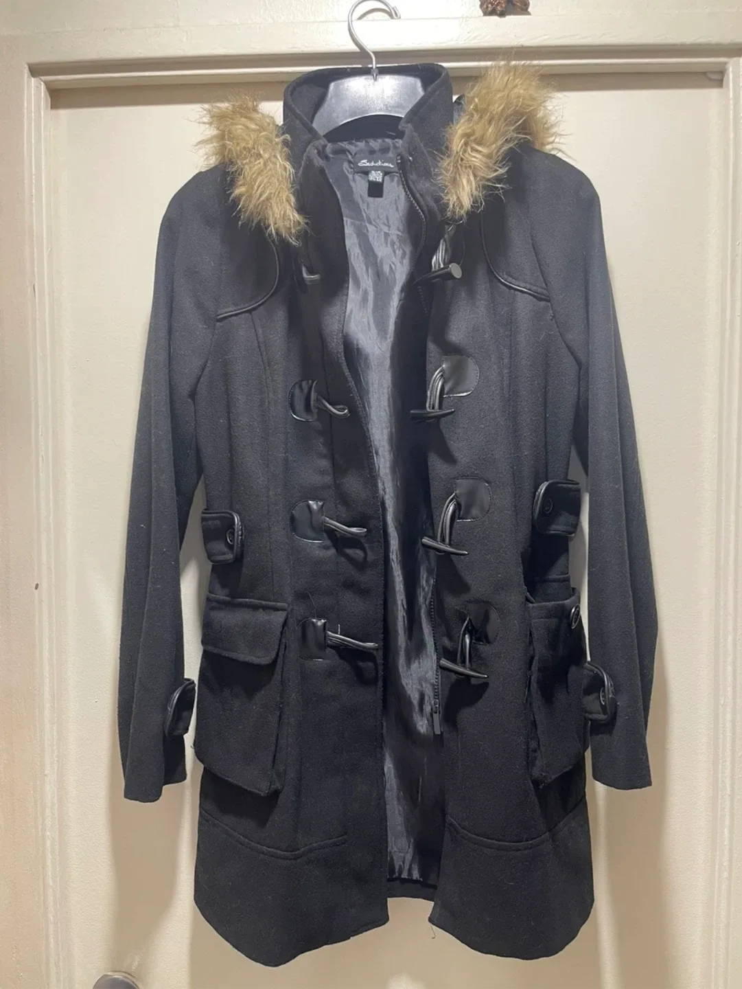 Black Wool Coat with Faux Fur Hood