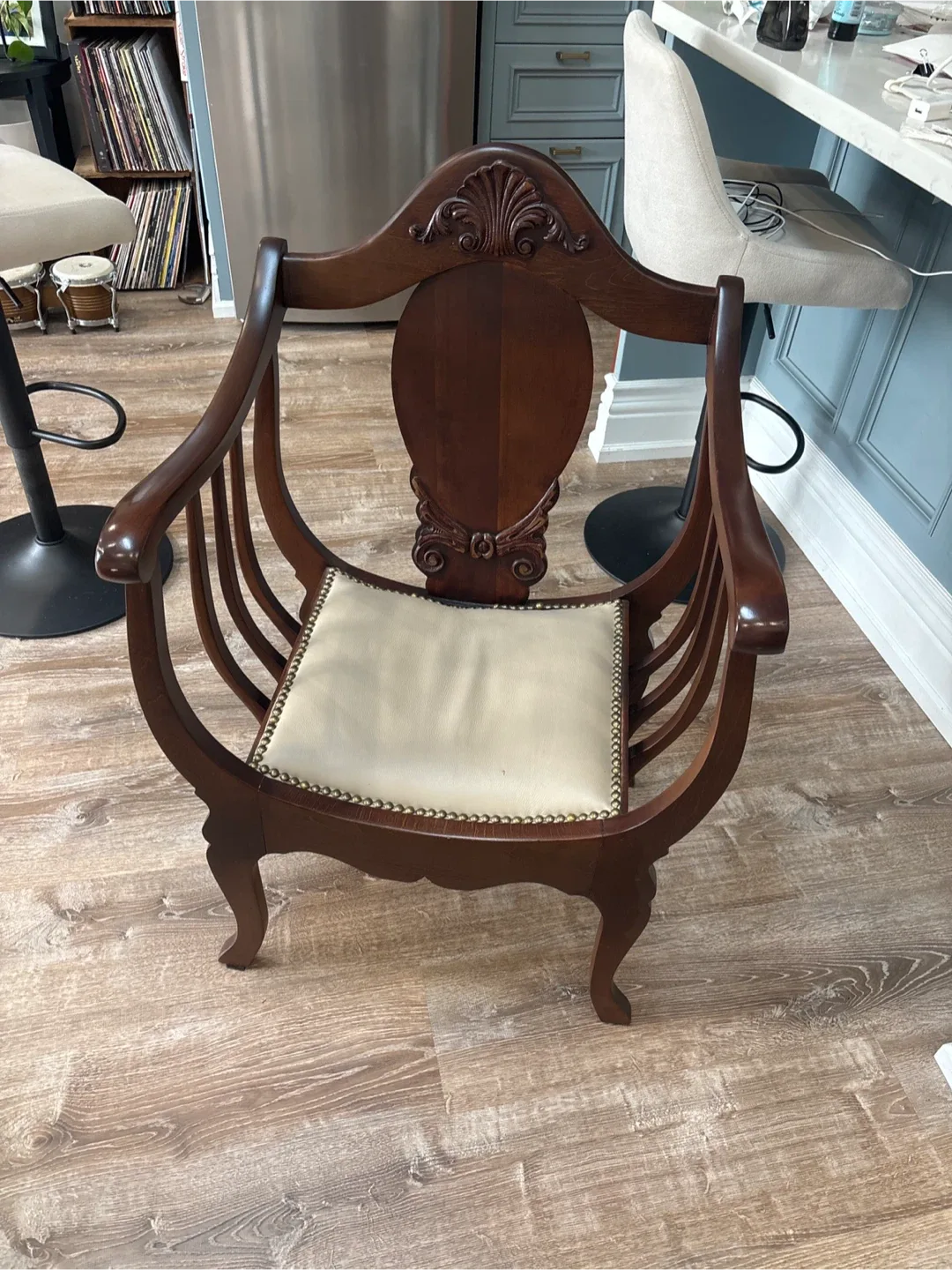 Antique Wooden Armchair with Cream Cushion