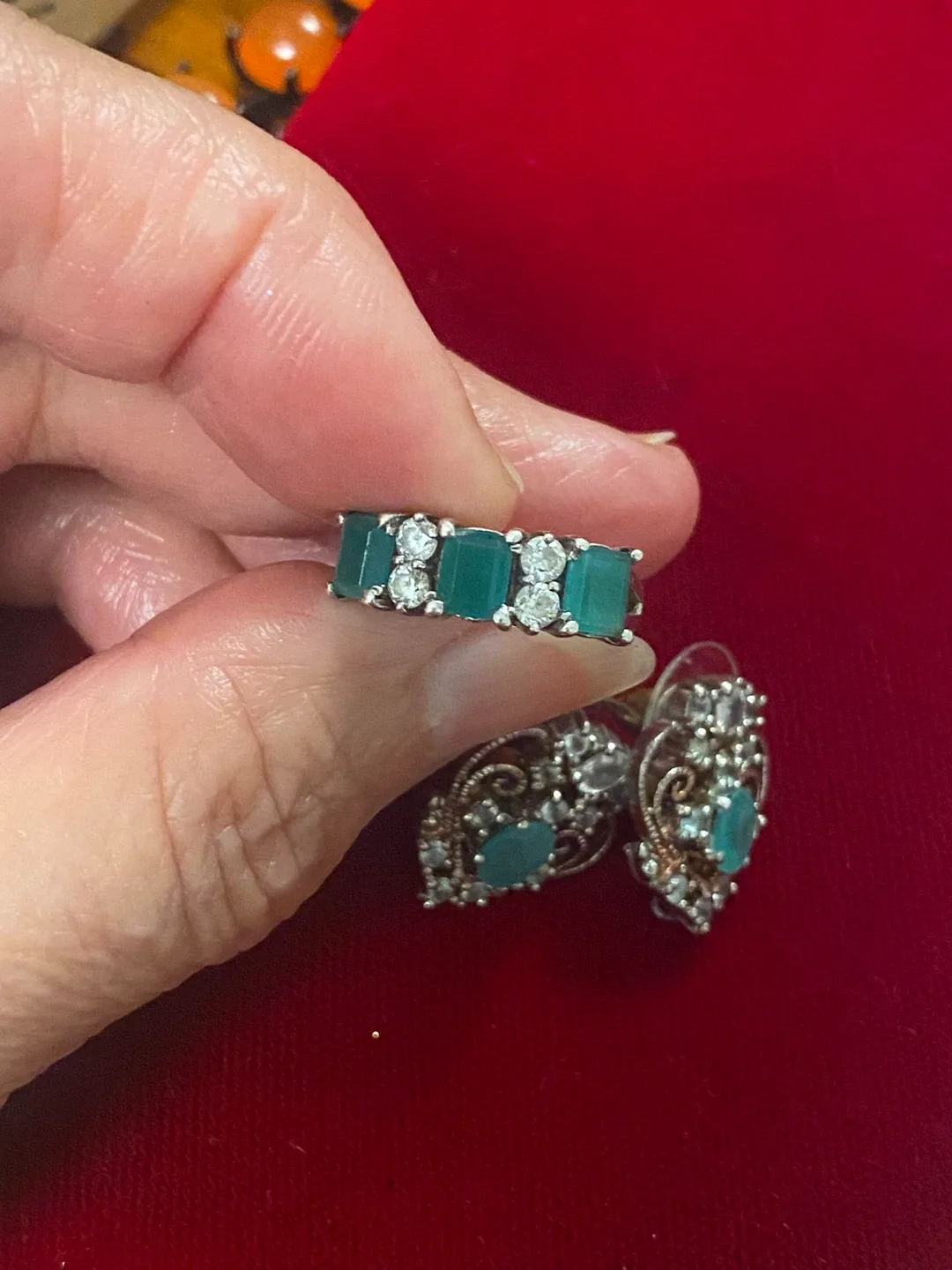 Emerald & Diamond Ring and Earrings Set, Size 7