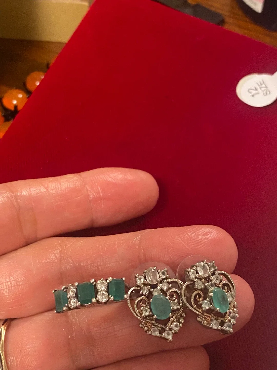 Emerald & Diamond Ring and Earrings Set, Size 7 image indicator(2)