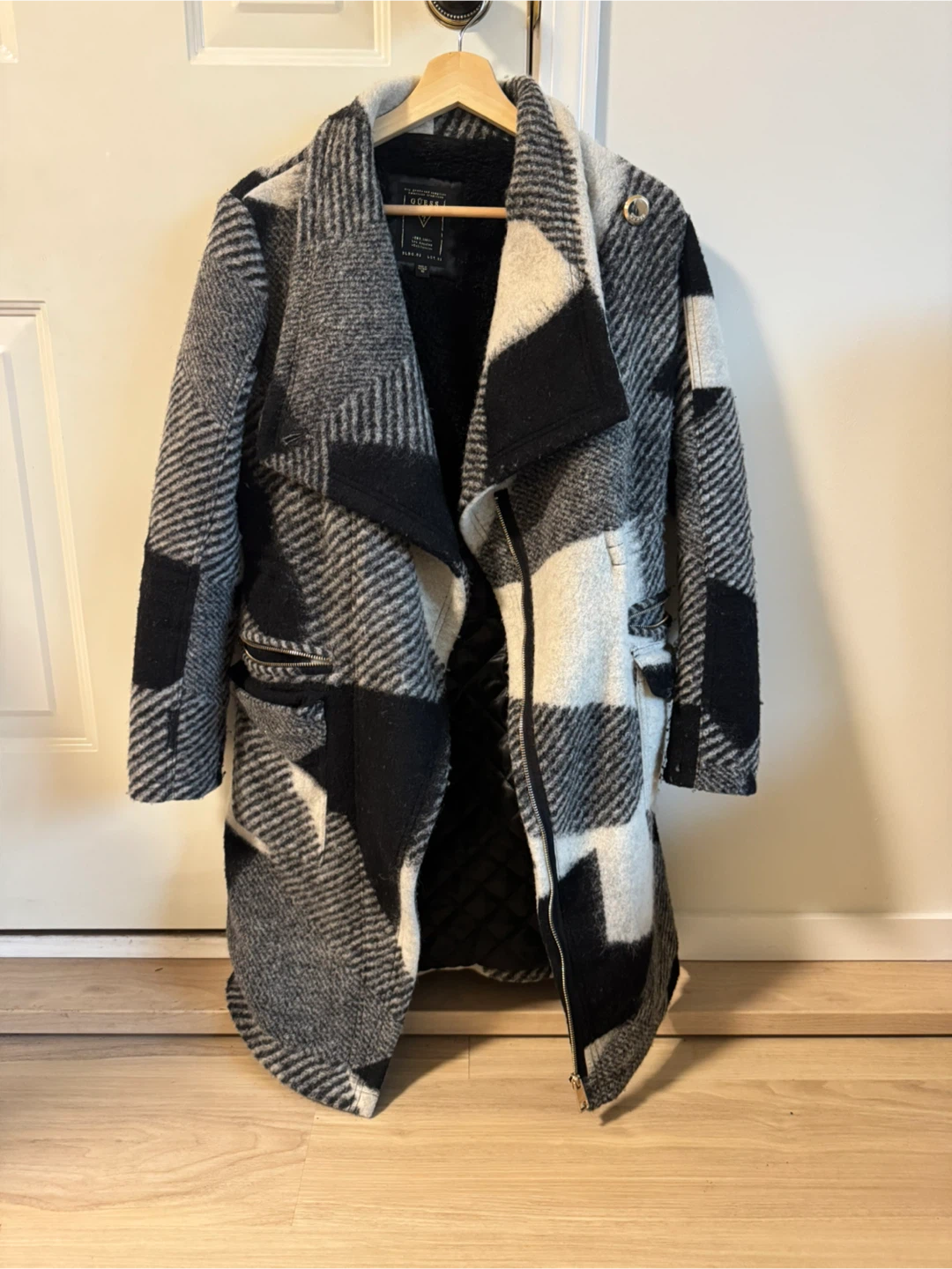 GUESS Oversized Plaid Wool-Blend Coat – Black/White - photo 3