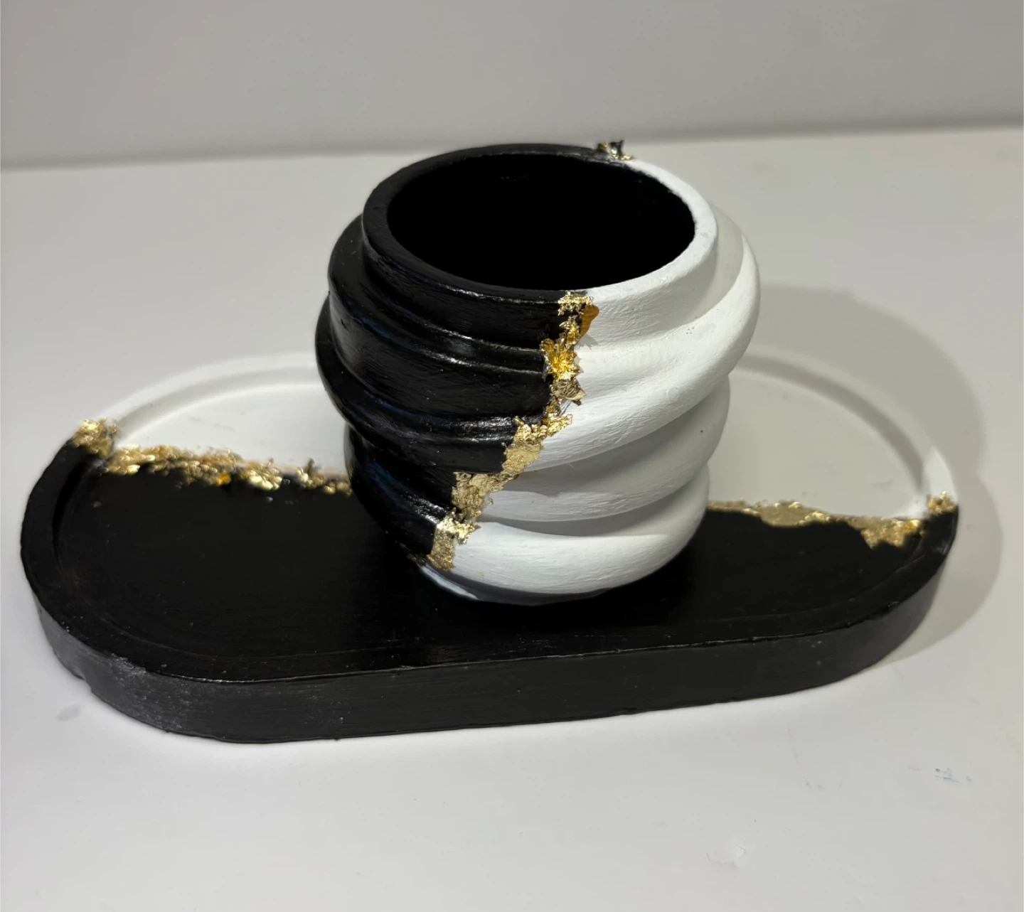 Handmade Black and White Tray and trinket Set
