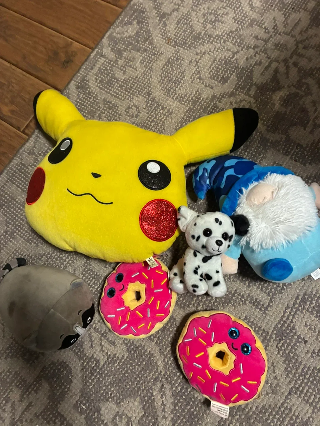 Assorted Plush Toys - Pikachu, Donut, Raccoon, Gnome, Dalmatian