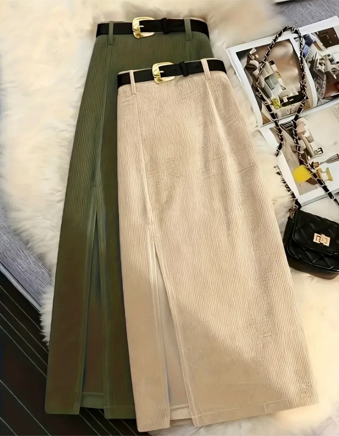 Corduroy Slit Skirt - Green