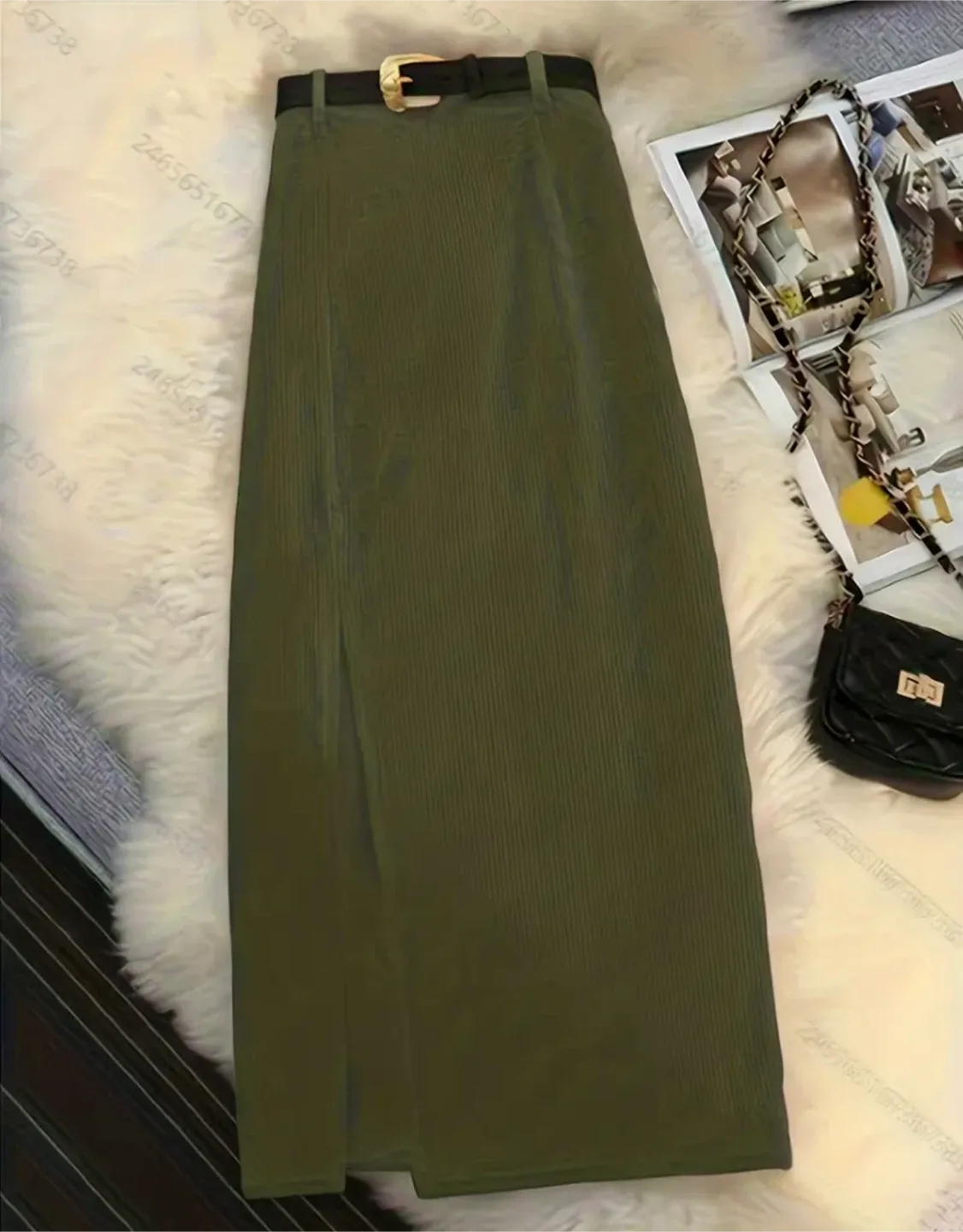 Corduroy Slit Skirt - Green image indicator(4)