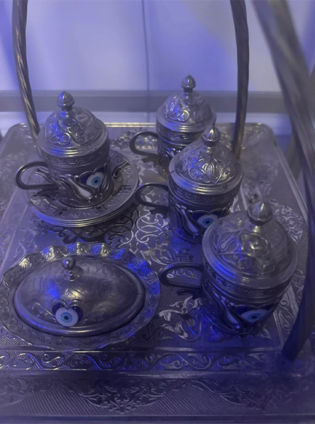 Silver Turkish Coffee Set with Evil Eye Design