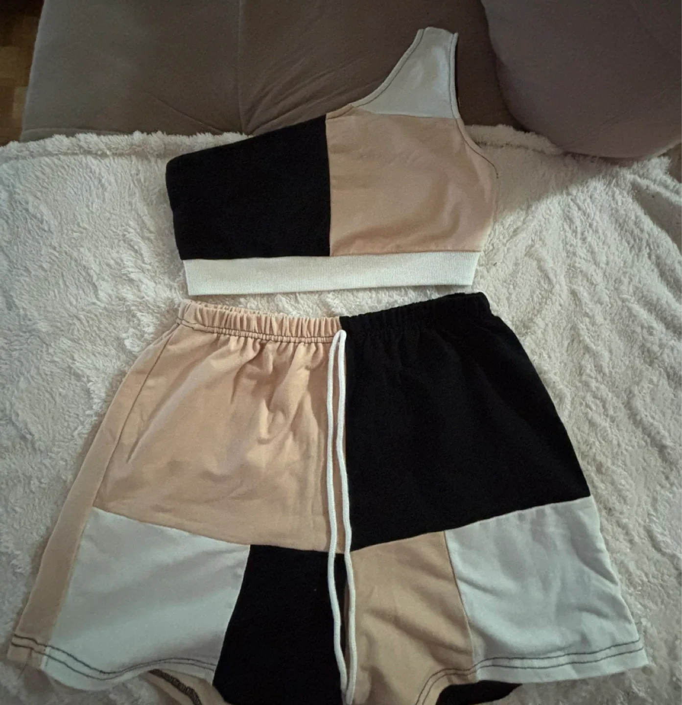 Colour Block One Shoulder Top & Shorts Set