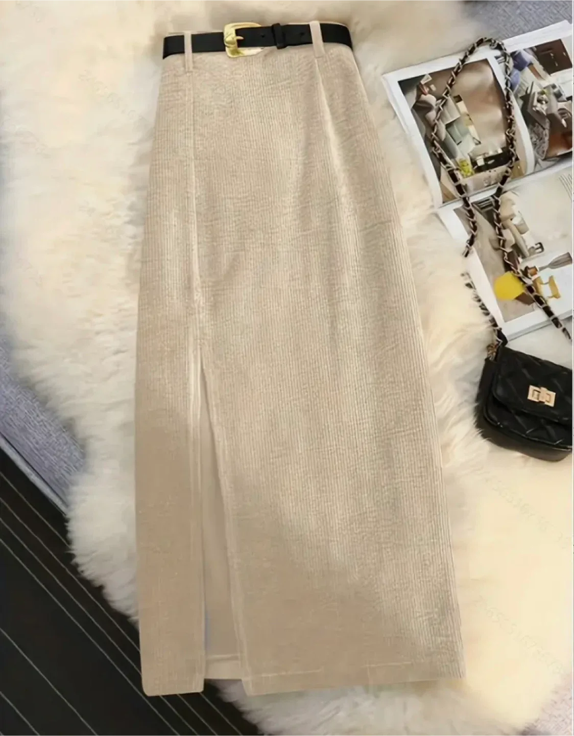 Corduroy Slit Midi Skirt - Olive Green image indicator(4)