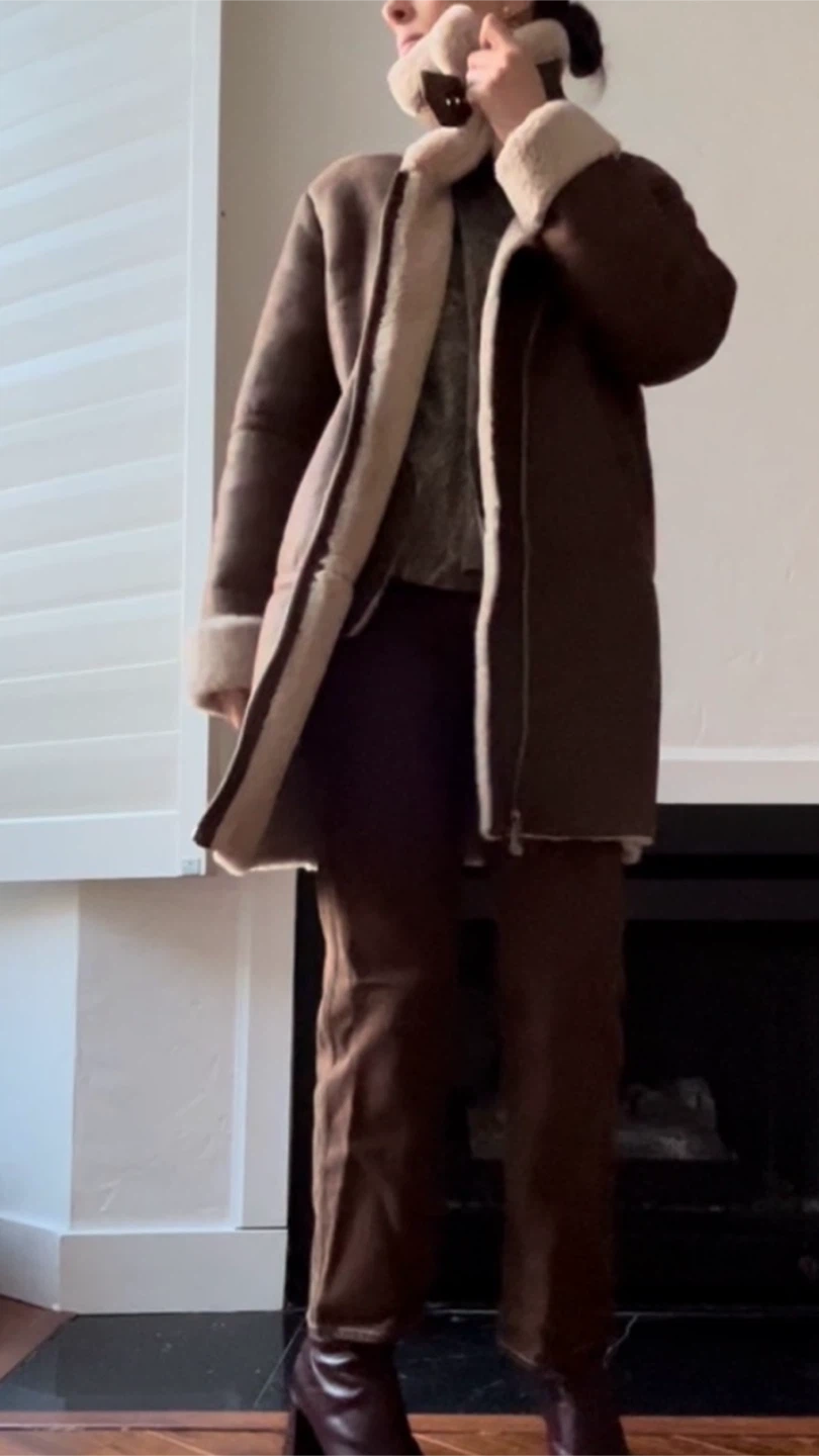 ZARA brown Shearling , faux leather long jacket