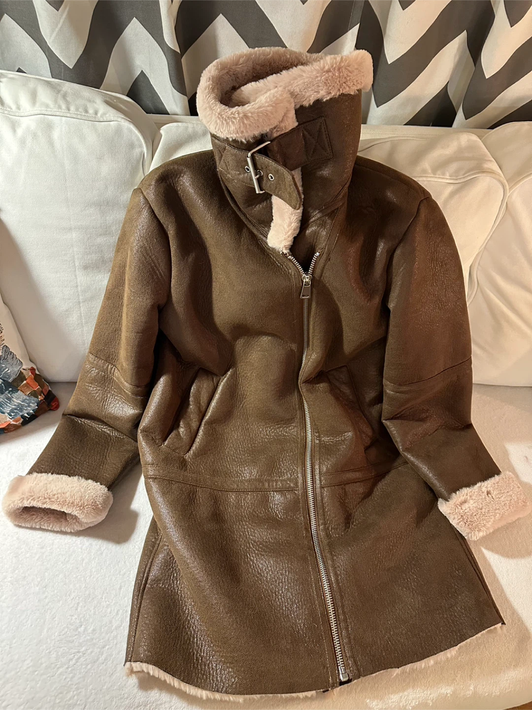 ZARA brown Shearling , faux leather long jacket - photo 4