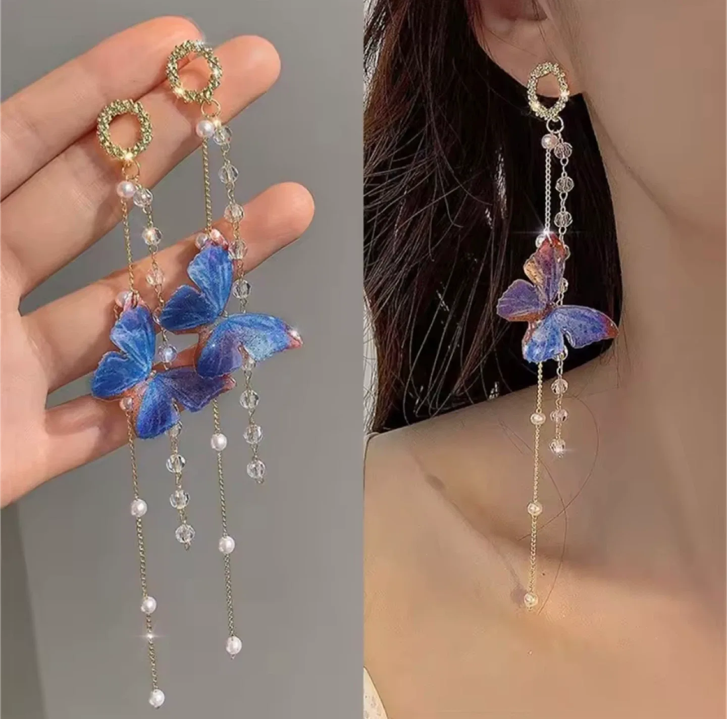 Blue Tassel Pearls Butterfly Earrings - New!