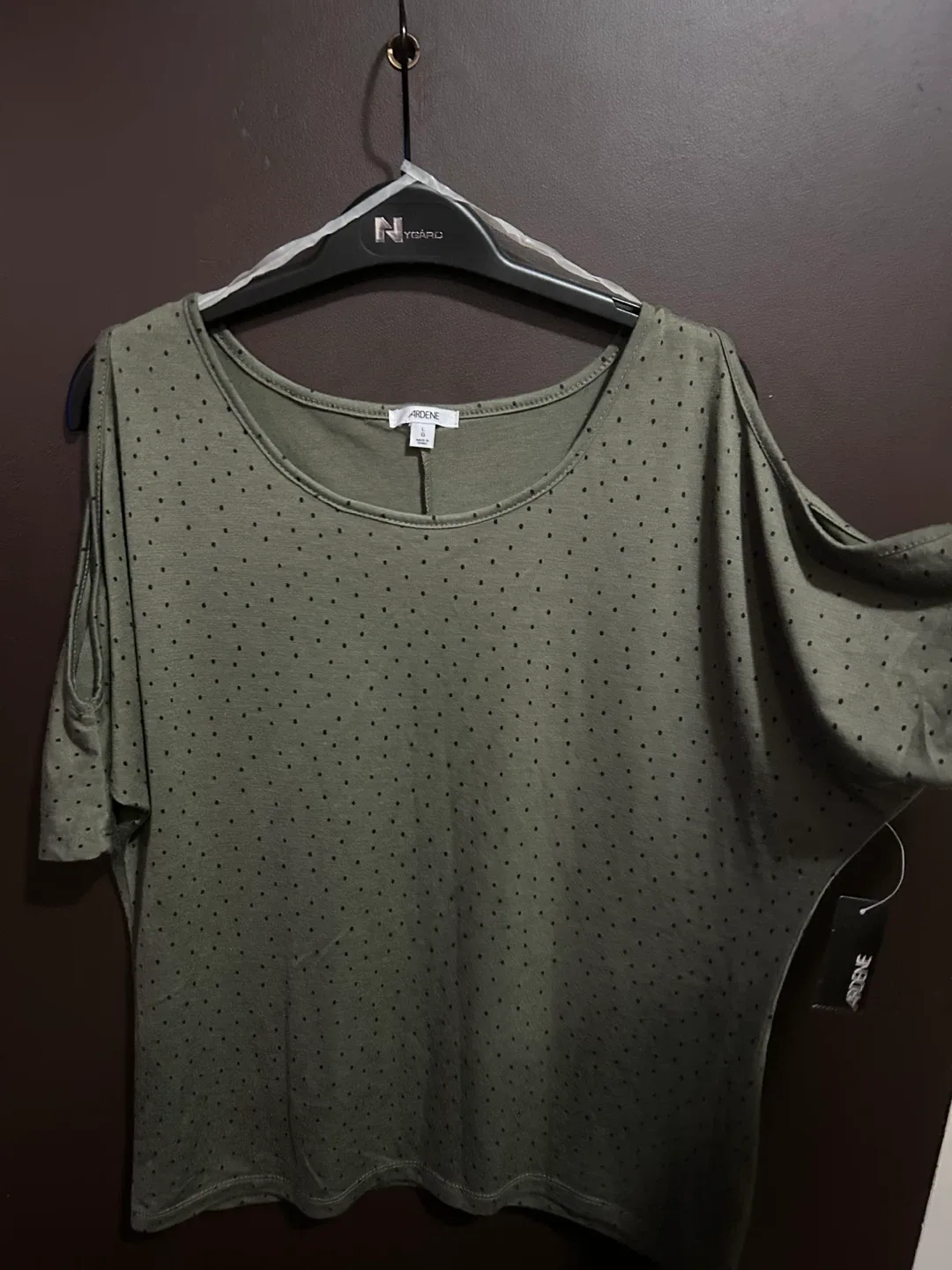 Ardene Olive Green Polka Dot Cold Shoulder Top - Size S image indicator(2)