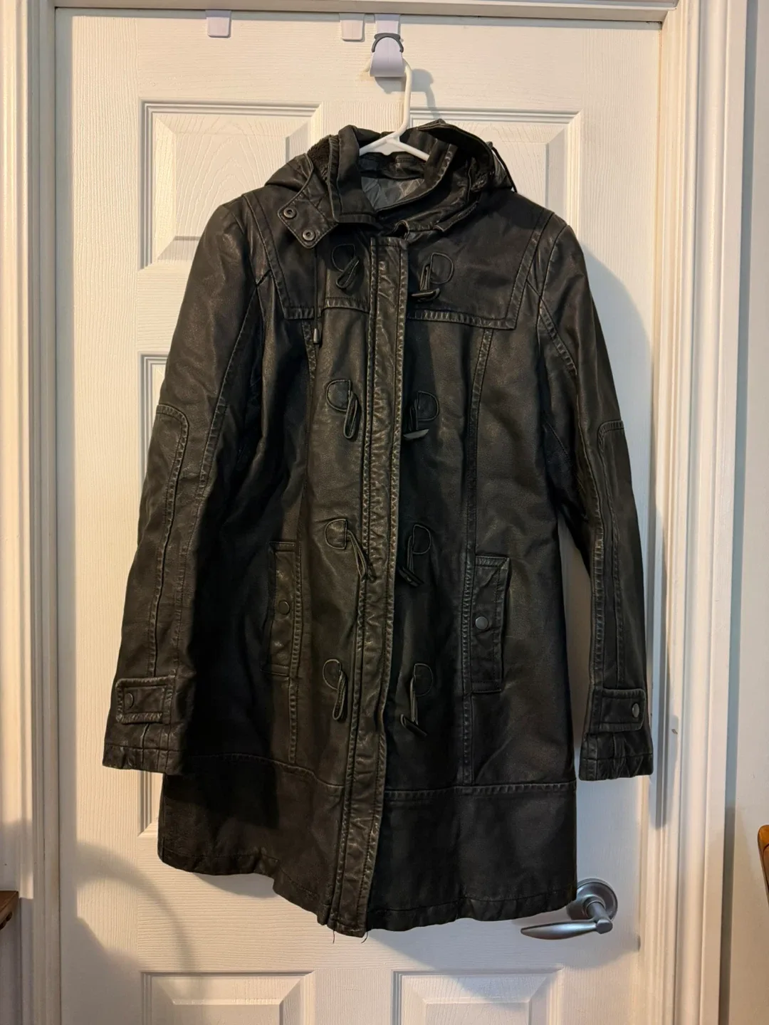 Danier Black Leather Hooded Coat - Size S