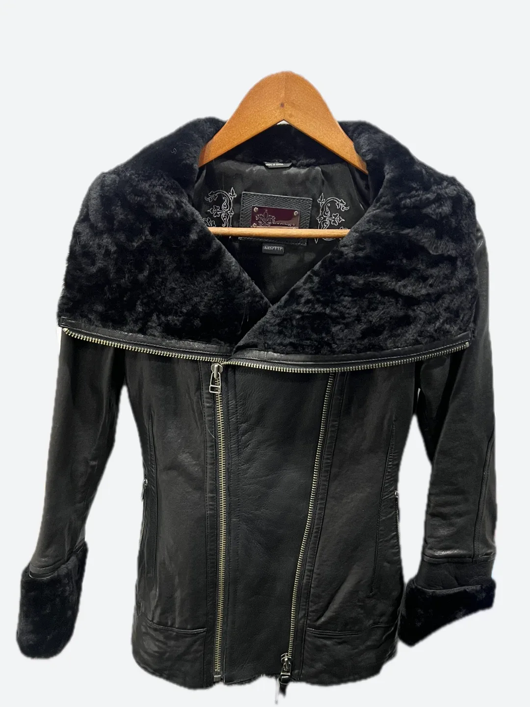 Mackage Black Leather Jacket with Fur Trim