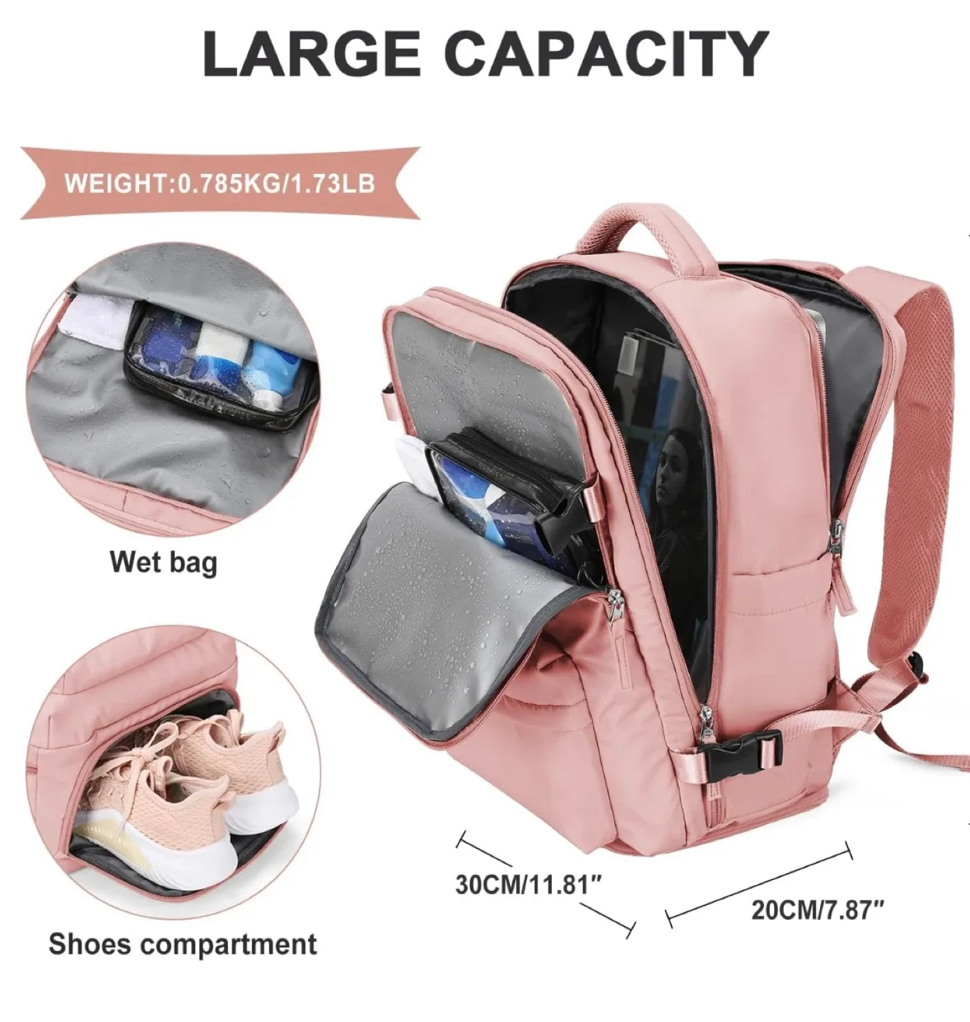 Pink Travel Backpack - Carry On - Cabin Bag- Large Capacity image indicator(4)