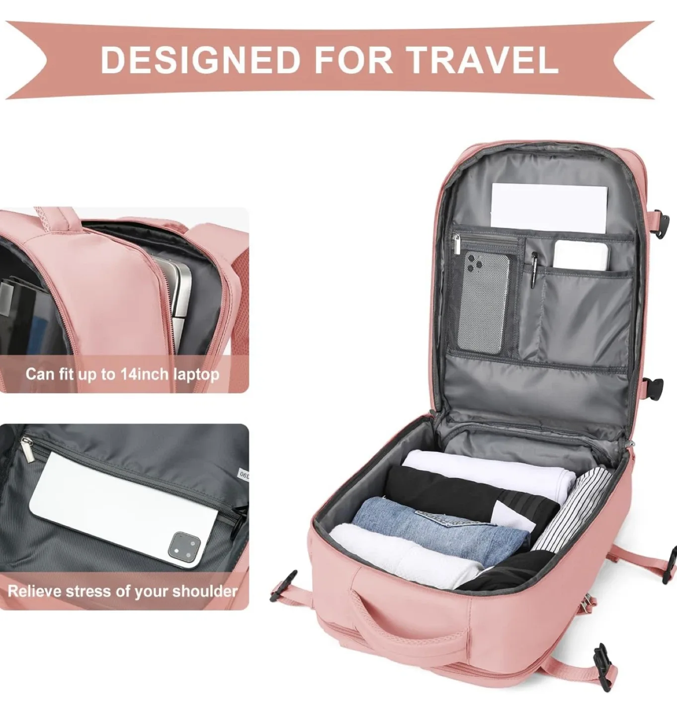 Pink Travel Backpack - Carry On - Cabin Bag- Large Capacity image indicator(5)
