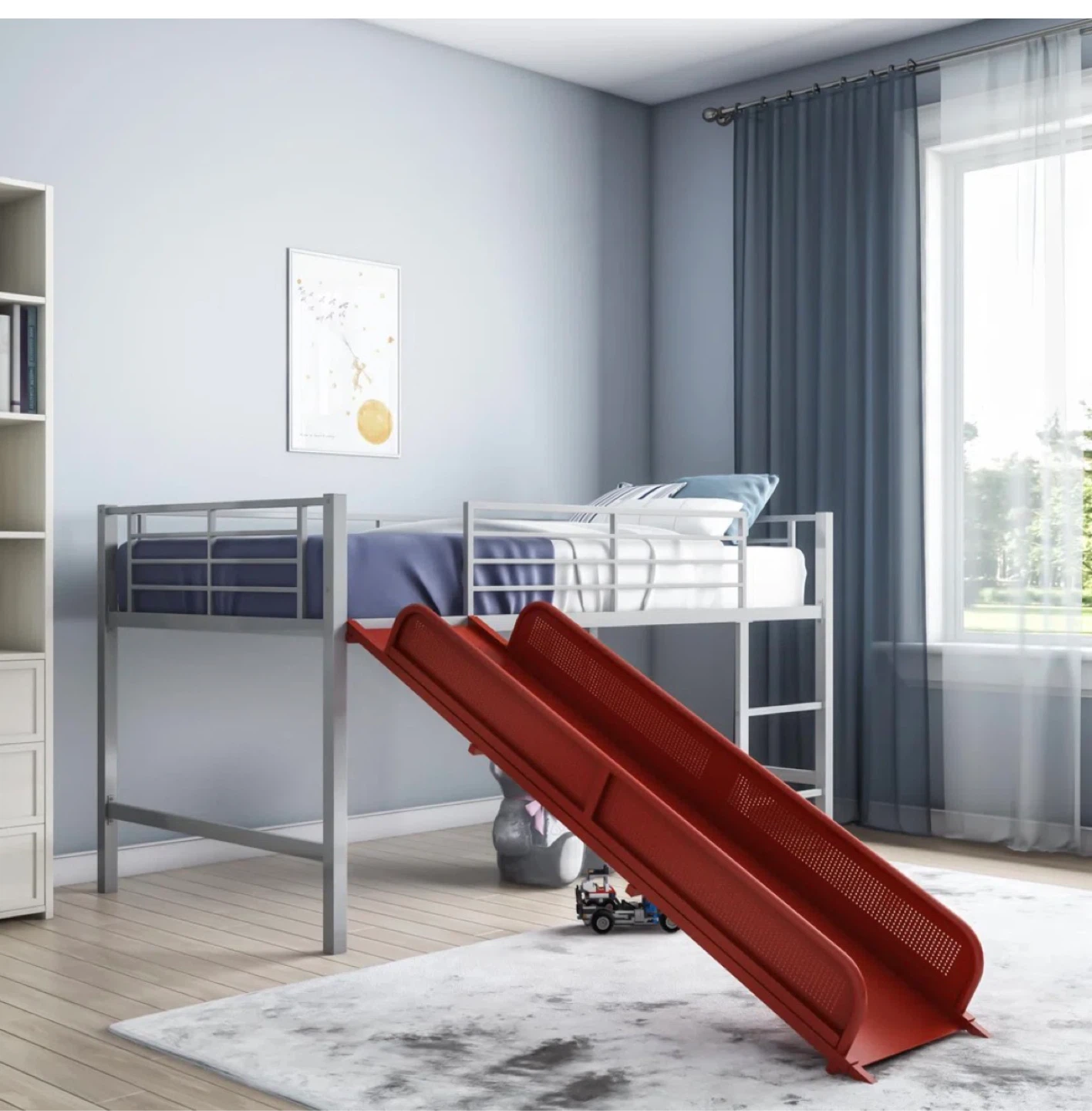 Grey Metal Loft Bed Frame + Kid’s Mattress