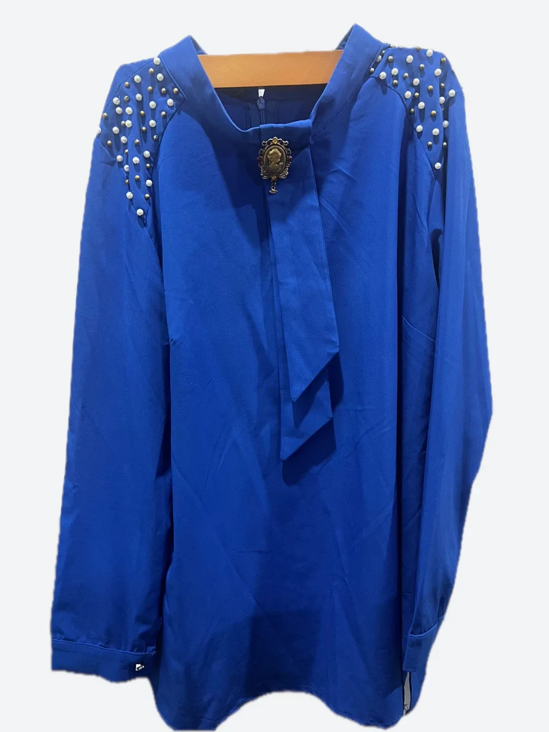 Blue Blouse with Pearl Detail