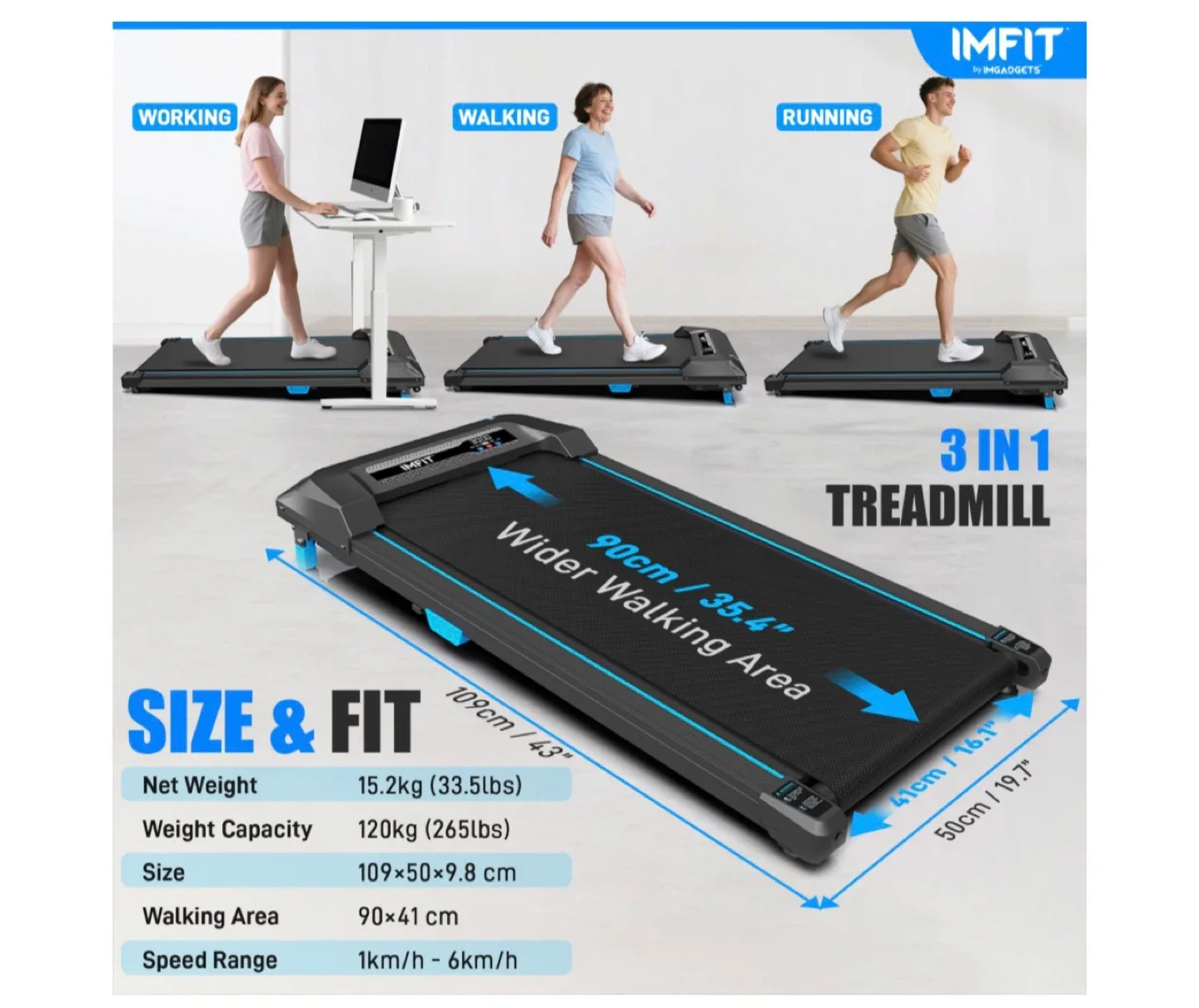 3 in 1 Treadmill - Walking, Working, Running
