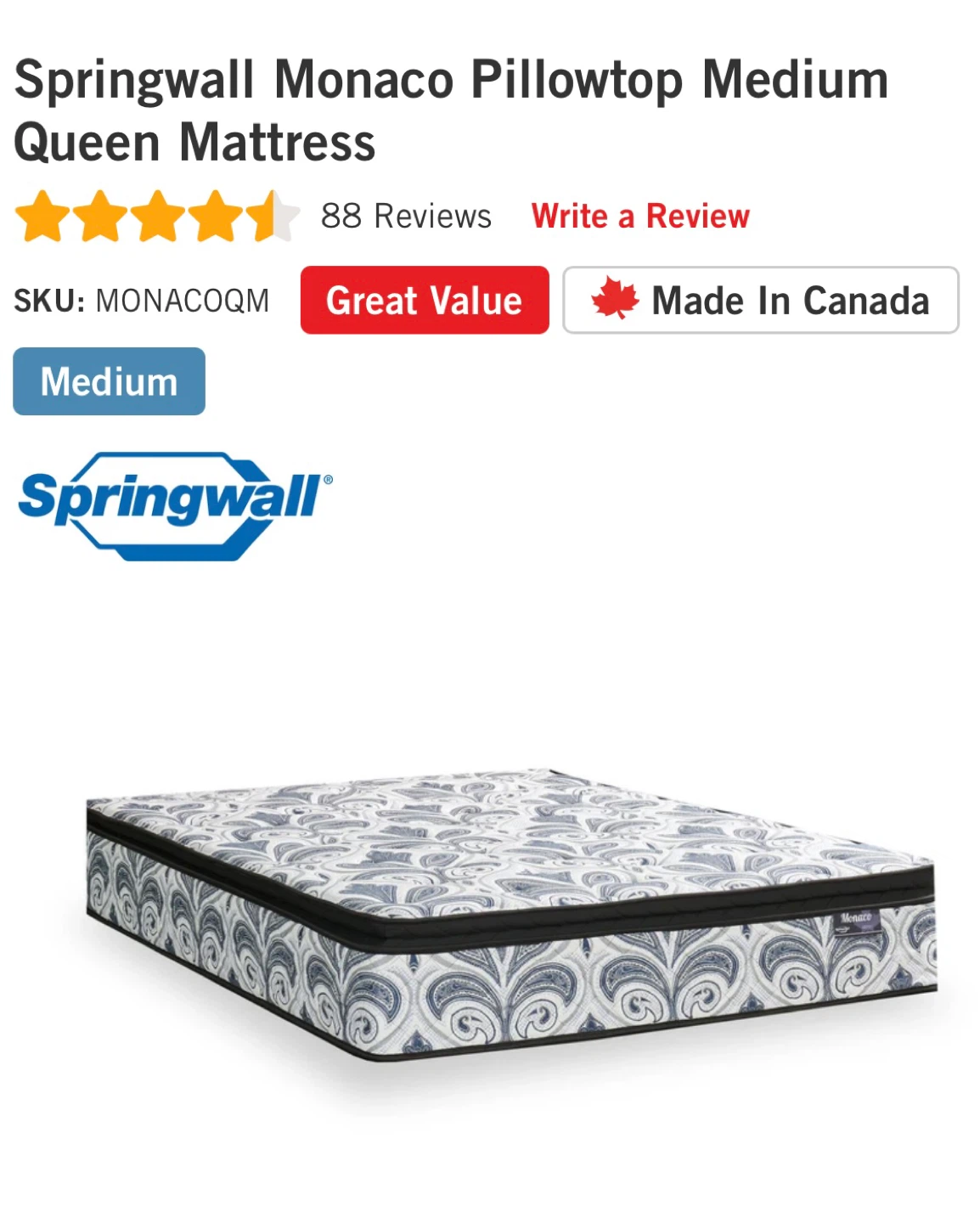 Springwall Monaco Pillowtop Queen Mattress (Medium)