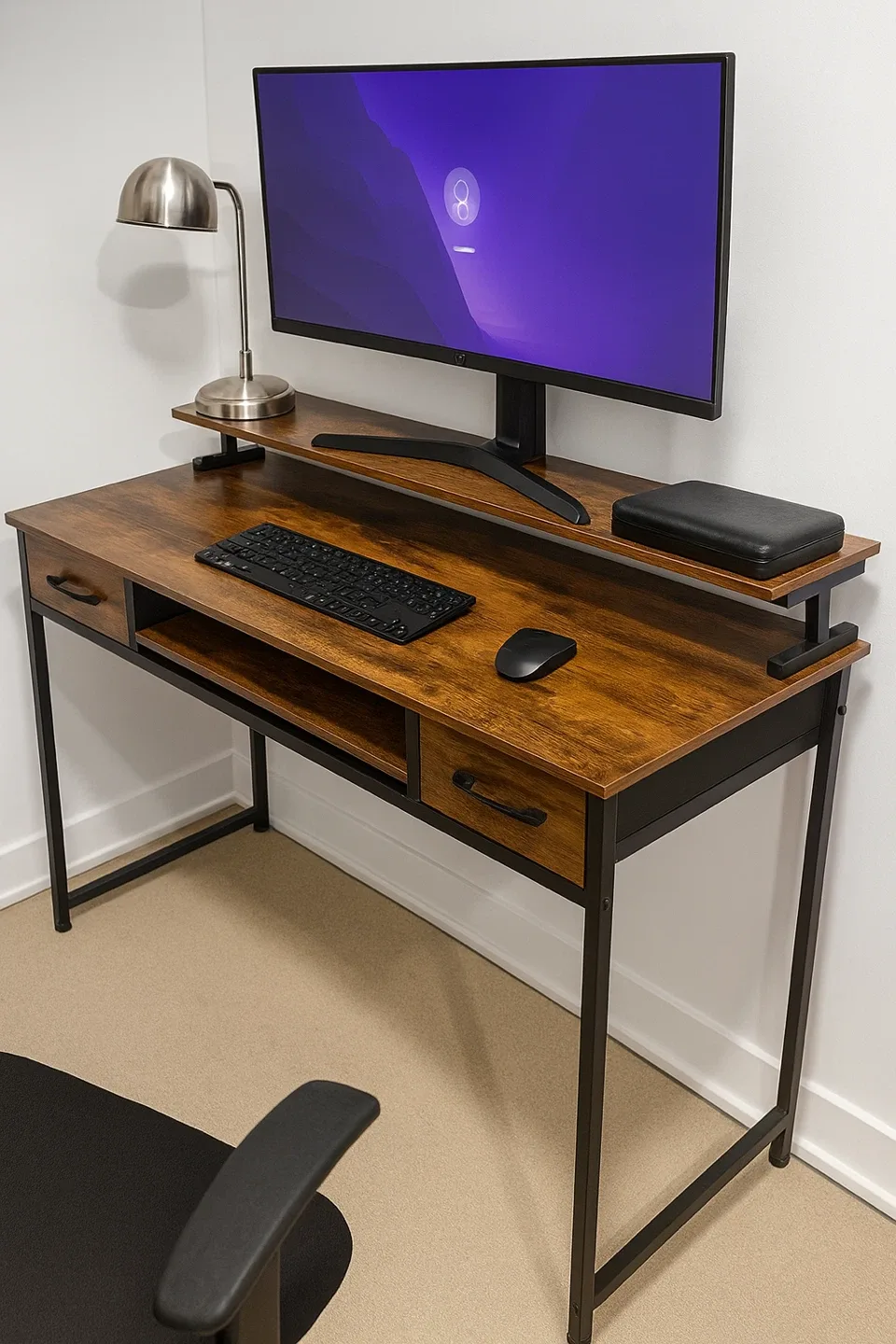 Dual-Monitor Desk w/ Shelf + Storage — Clean Minimal Look