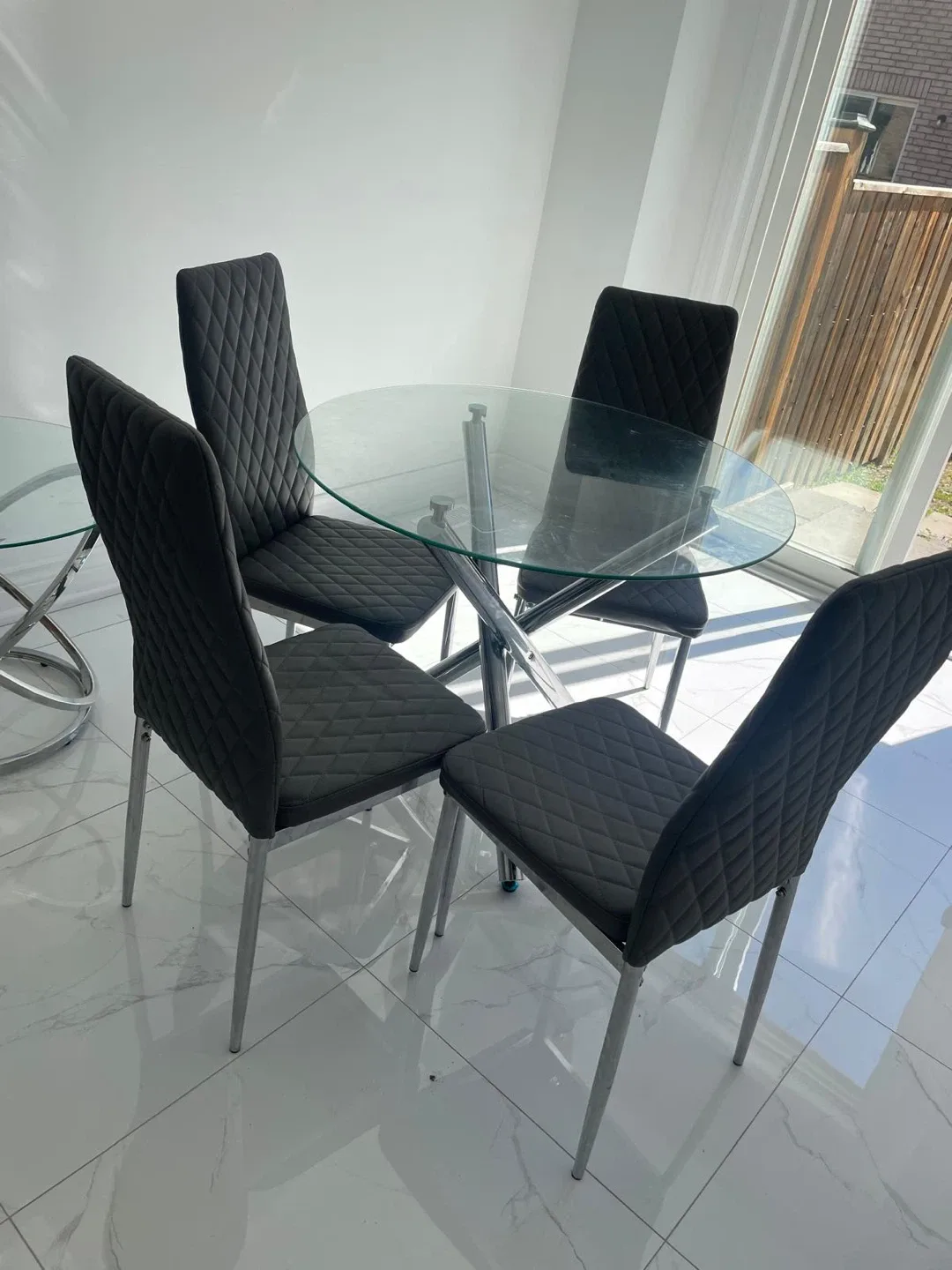 Glass Dining Table with 4 Grey Chairs