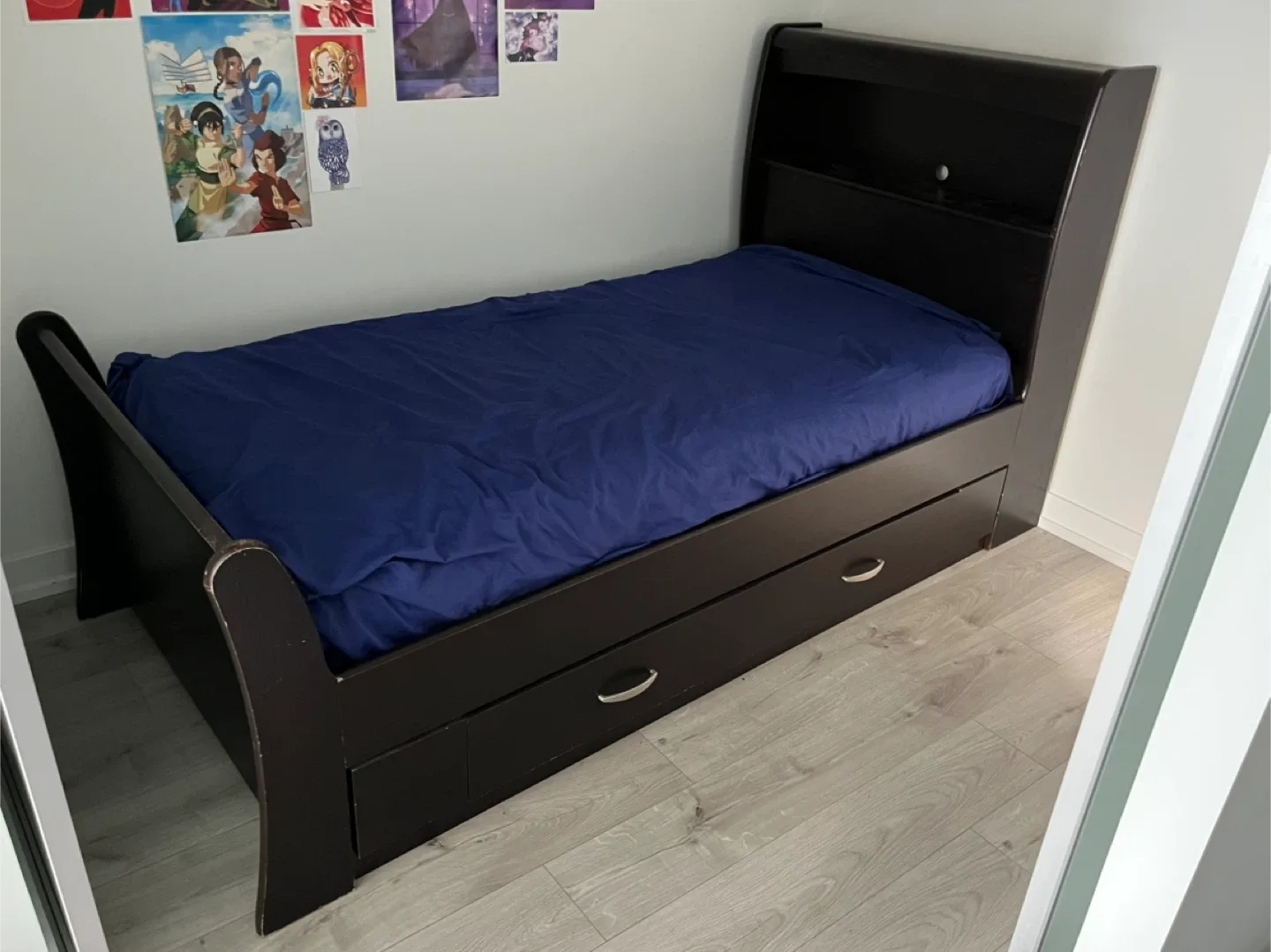 Dark Brown Sleigh Bed with Drawers