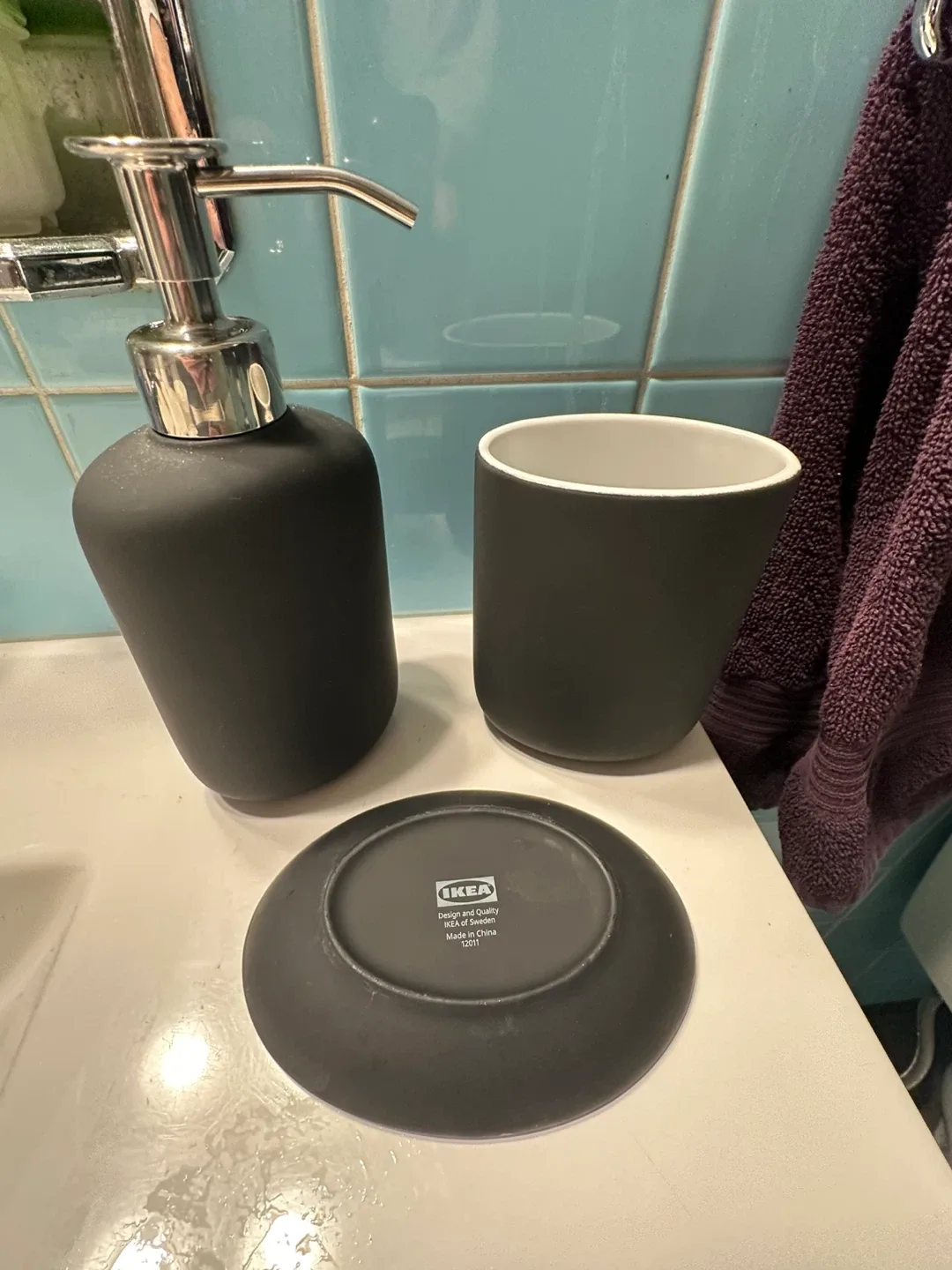 IKEA Black Bathroom Set - Soap Dispenser, Cup & Dish