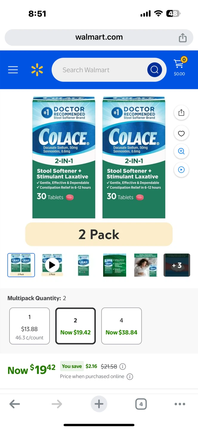 Colace 2-in-1 Stool Softener + Stimulant Laxative, 60 Tablets - photo 2