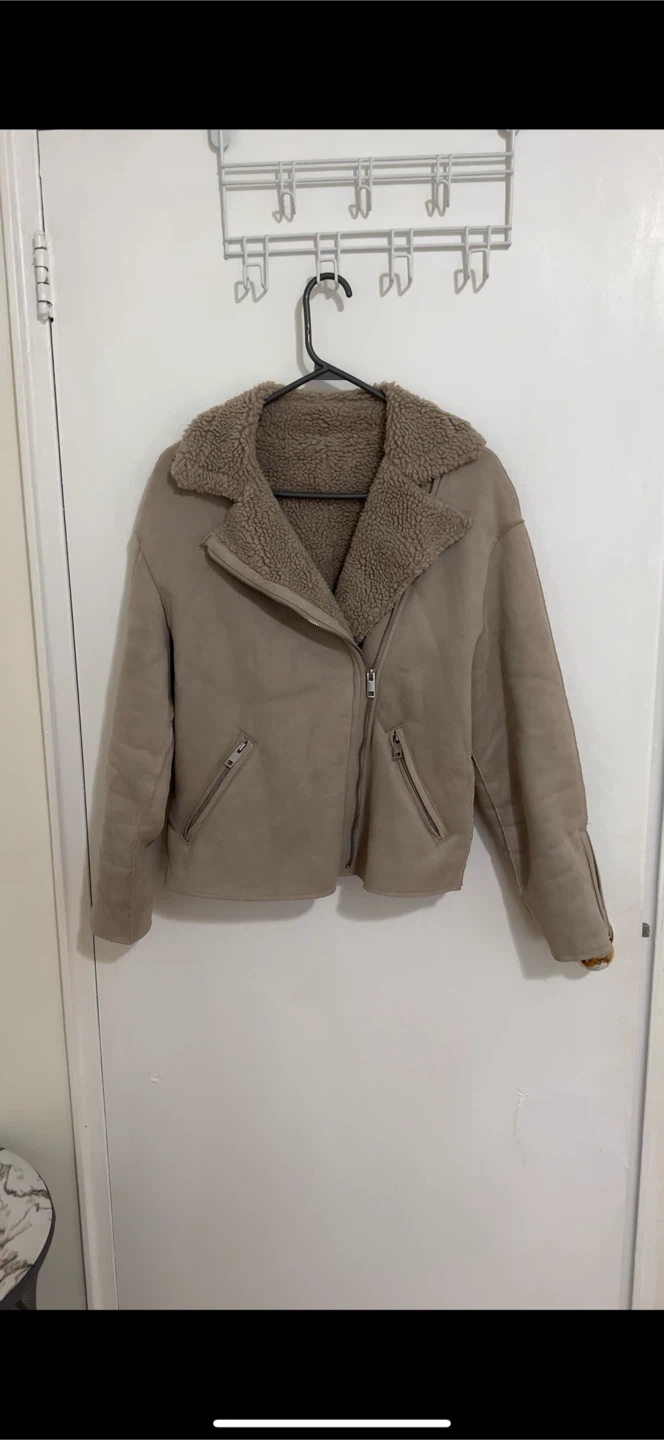 Tan Faux Suede Shearling Biker Jacket