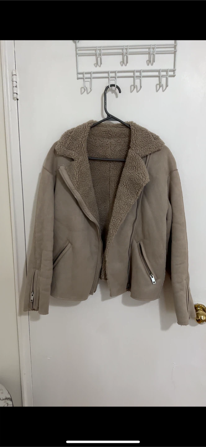 Tan Faux Suede Shearling Biker Jacket - photo 2