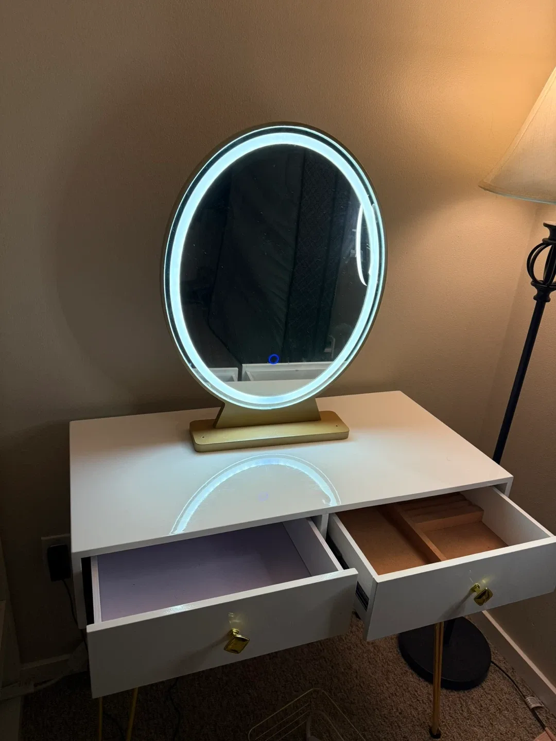 Dresser with mirror and stool