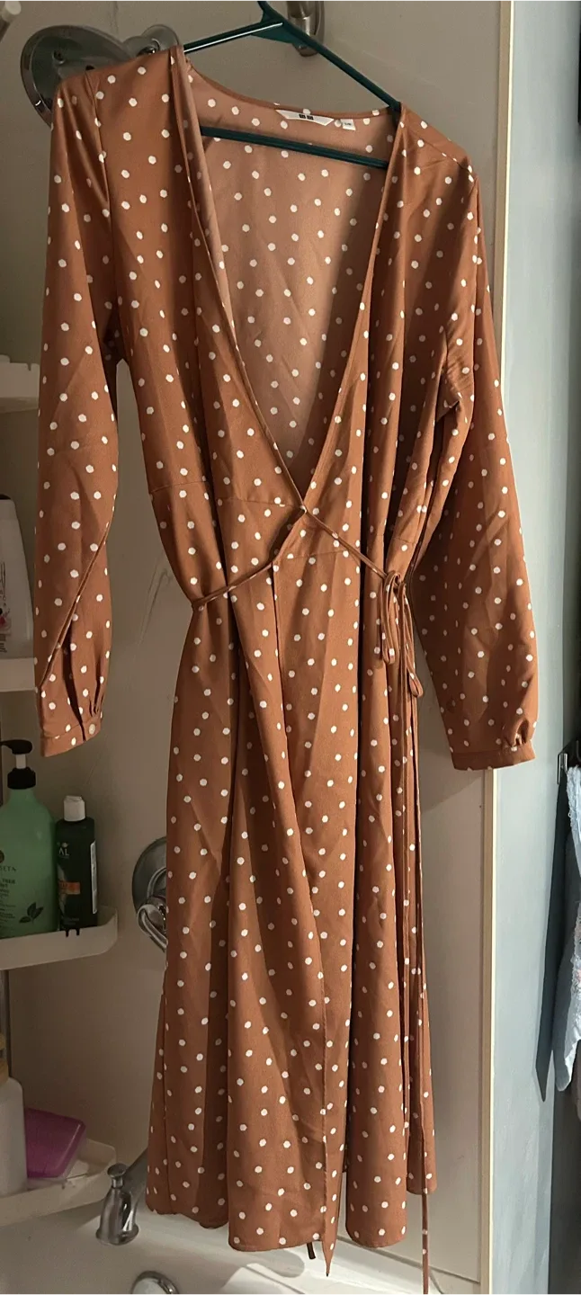 Uniqlo Brown Polka Dot Wrap Dress - Size L