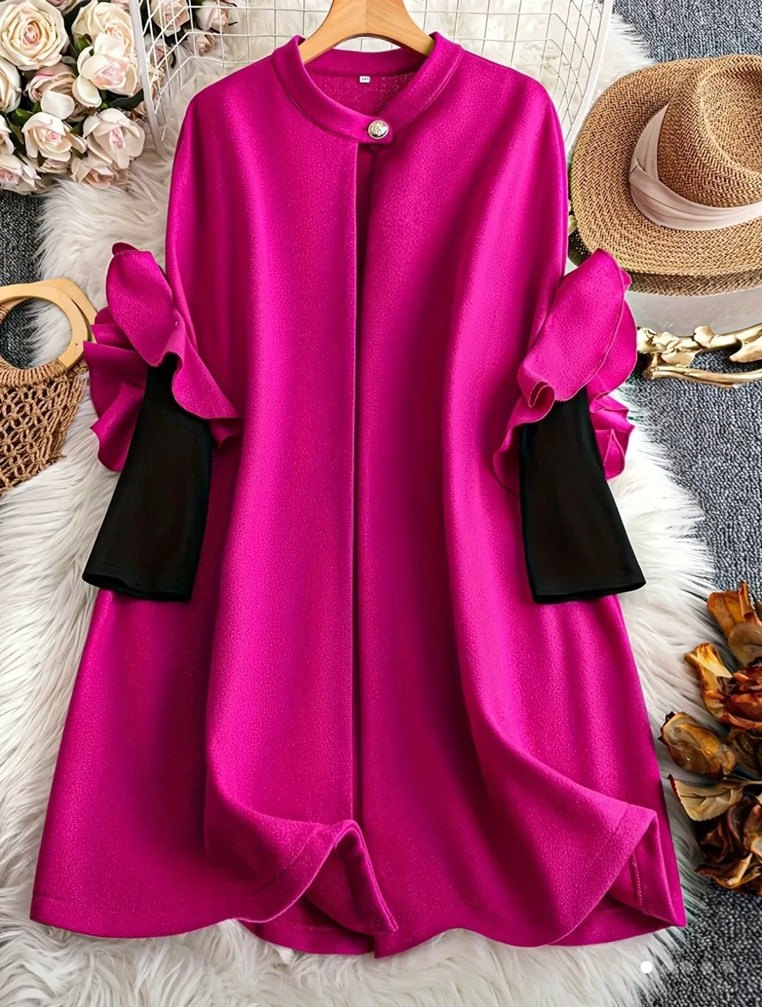 Fuschia Coat with Black Sleeves