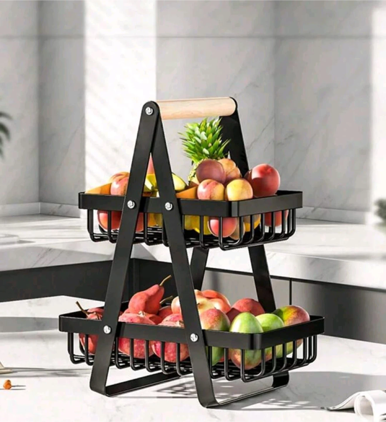 Two-Tier Fruit Basket with Handle - Black