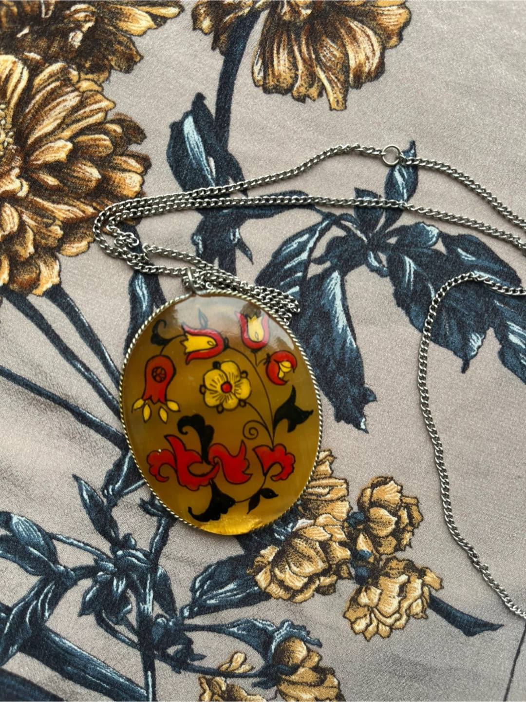 Rare 1960s Hand Painted Enamel Folk Art Selenite Pendant