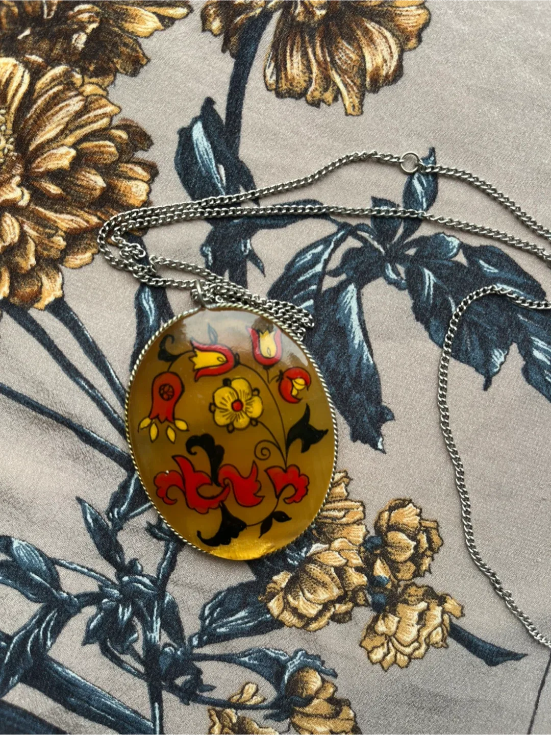 Rare 1960s Hand Painted Enamel Folk Art Selenite Pendant